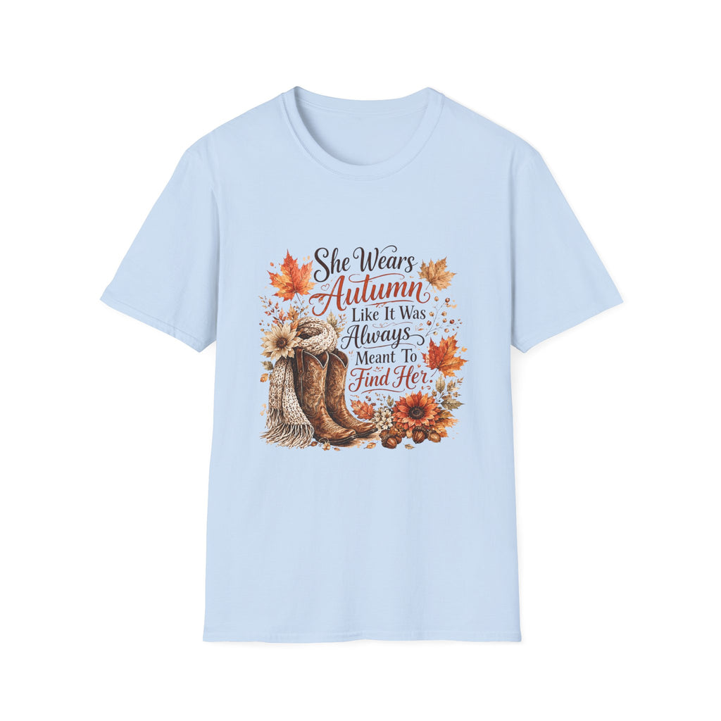 “She Wears Autumn Like It Was Always Meant To Find Her” Fall Graphic T-Shirt — Autumn Tee