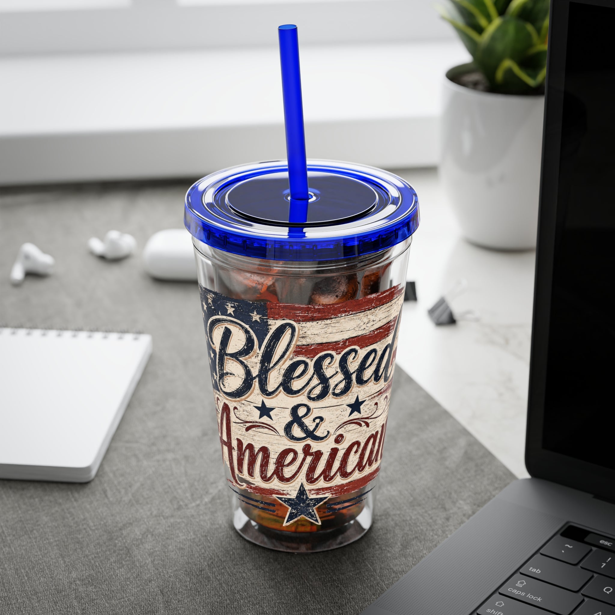 Blessed & American Sunsplash Tumbler with Straw, 16oz