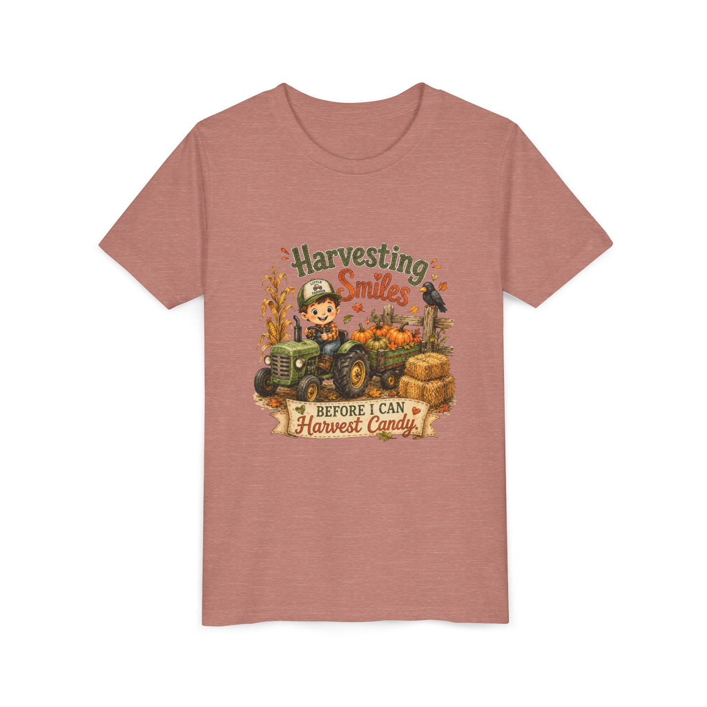 "Harvesting Smiles Before I Can Harvest Candy" Fall Tractor Halloween Kids Shirt — Youth Tee