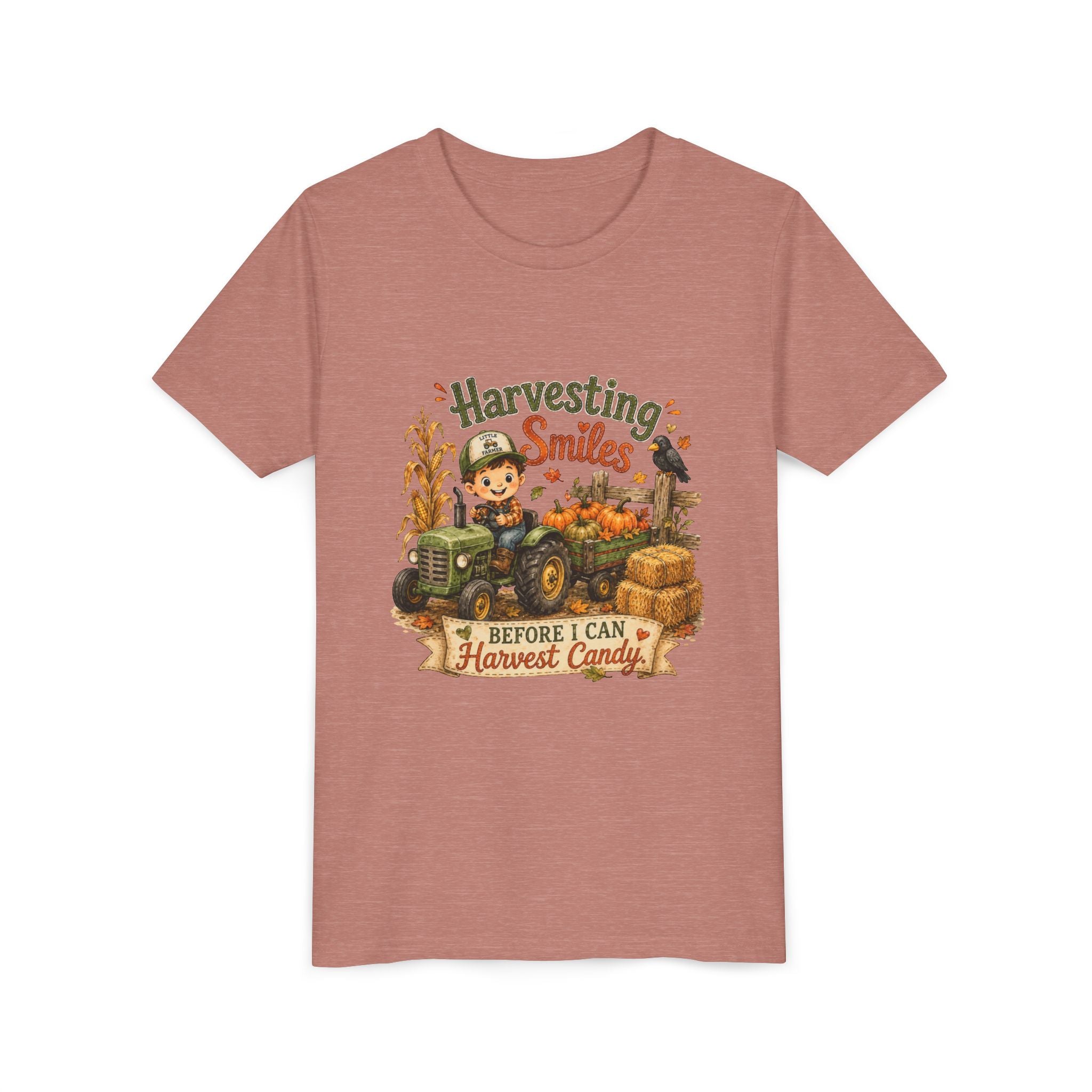 "Harvesting Smiles Before I Can Harvest Candy" Fall Tractor Halloween Kids Shirt — Youth Tee