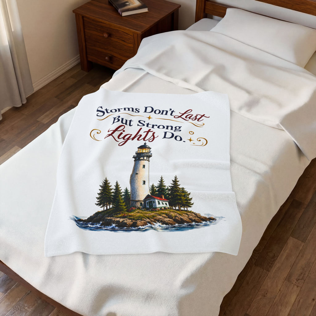 "Storms Don't Last But Strong Lights Do" Cozy Throw — Lighthouse Velveteen Plush Blanket