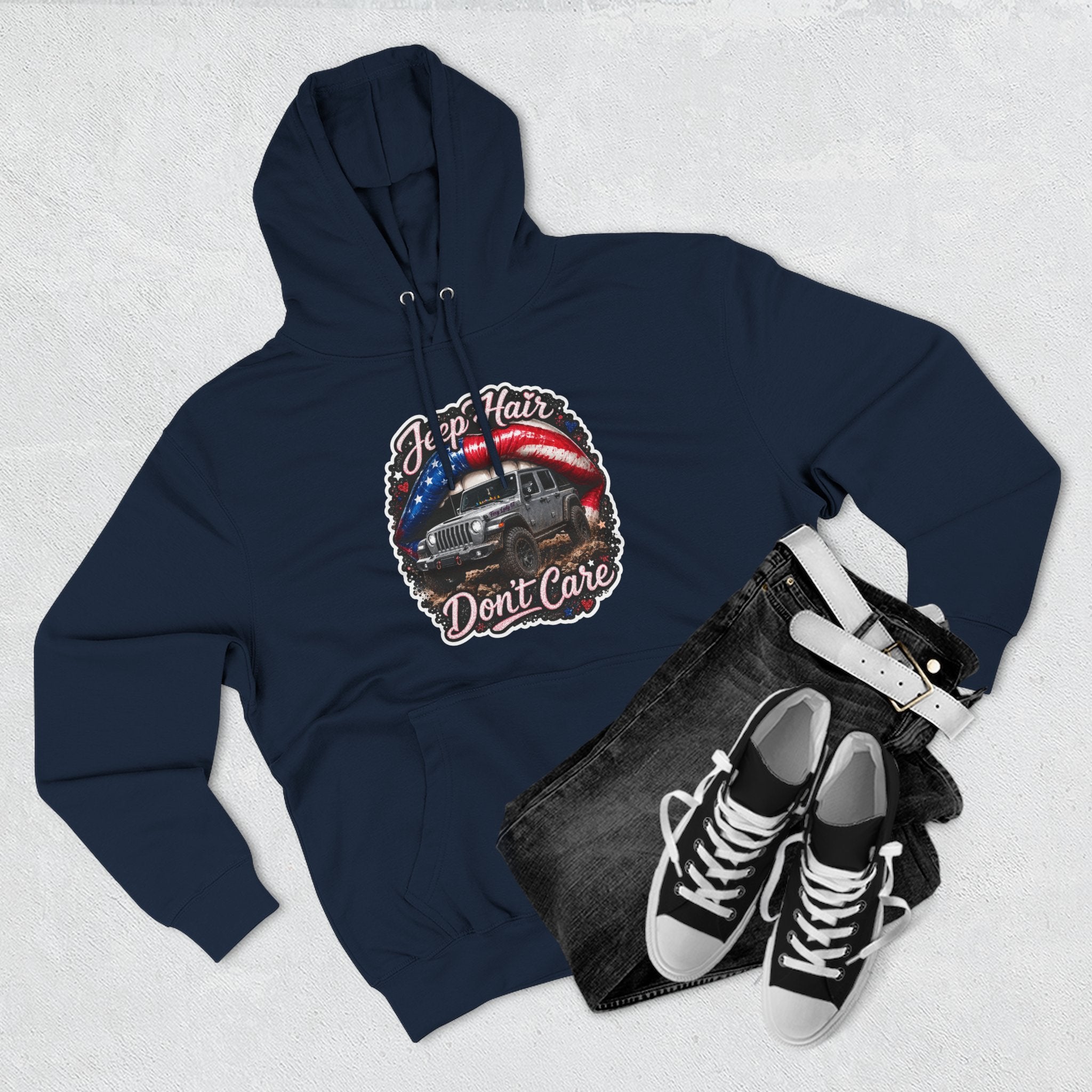 "Jeep Hair Don't Care" Graphic Fleece Pullover - Patriotic Jeep Hoodie