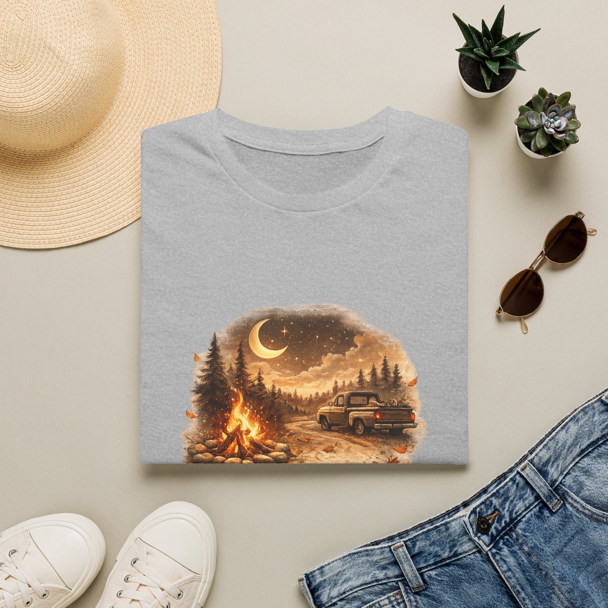 'Bonfires, Backroads, and October Skies' Outdoor Tee — Camping Scene T‑Shirt