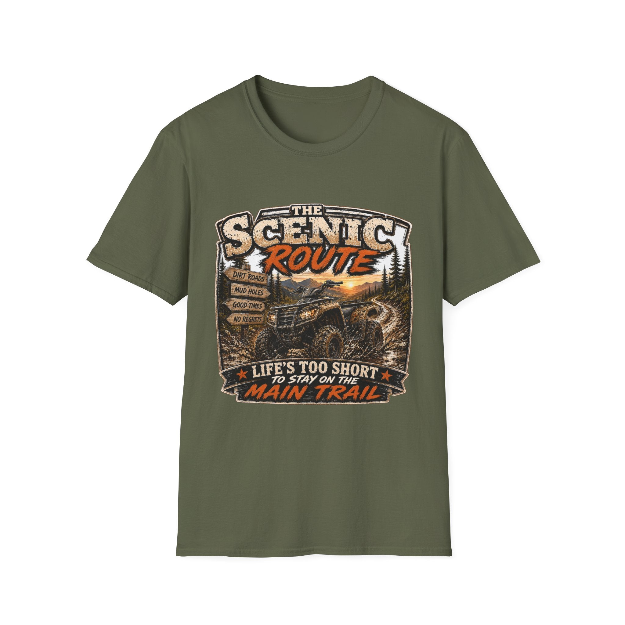 Scenic Route T-Shirt — 'Life’s Too Short to Stay on the Main Trail' Off‑Road Adventure Tee