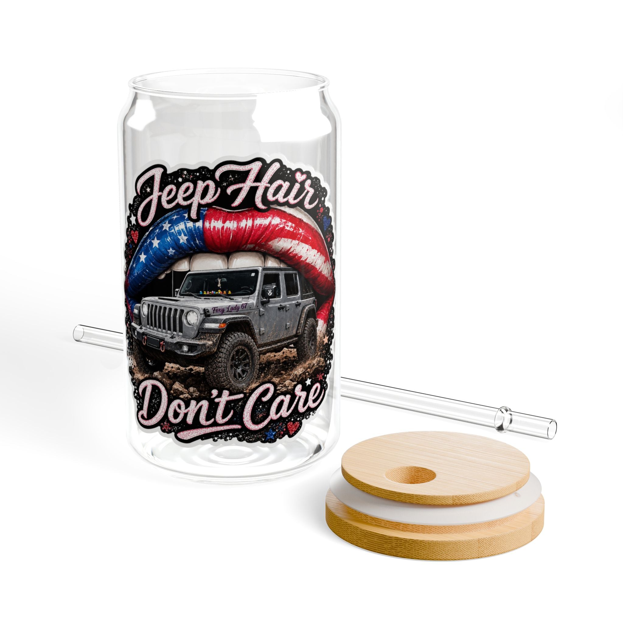 Jeep Hair Don’t Care 16oz Sipper Glass – Patriotic Off-Road Travel Tumbler