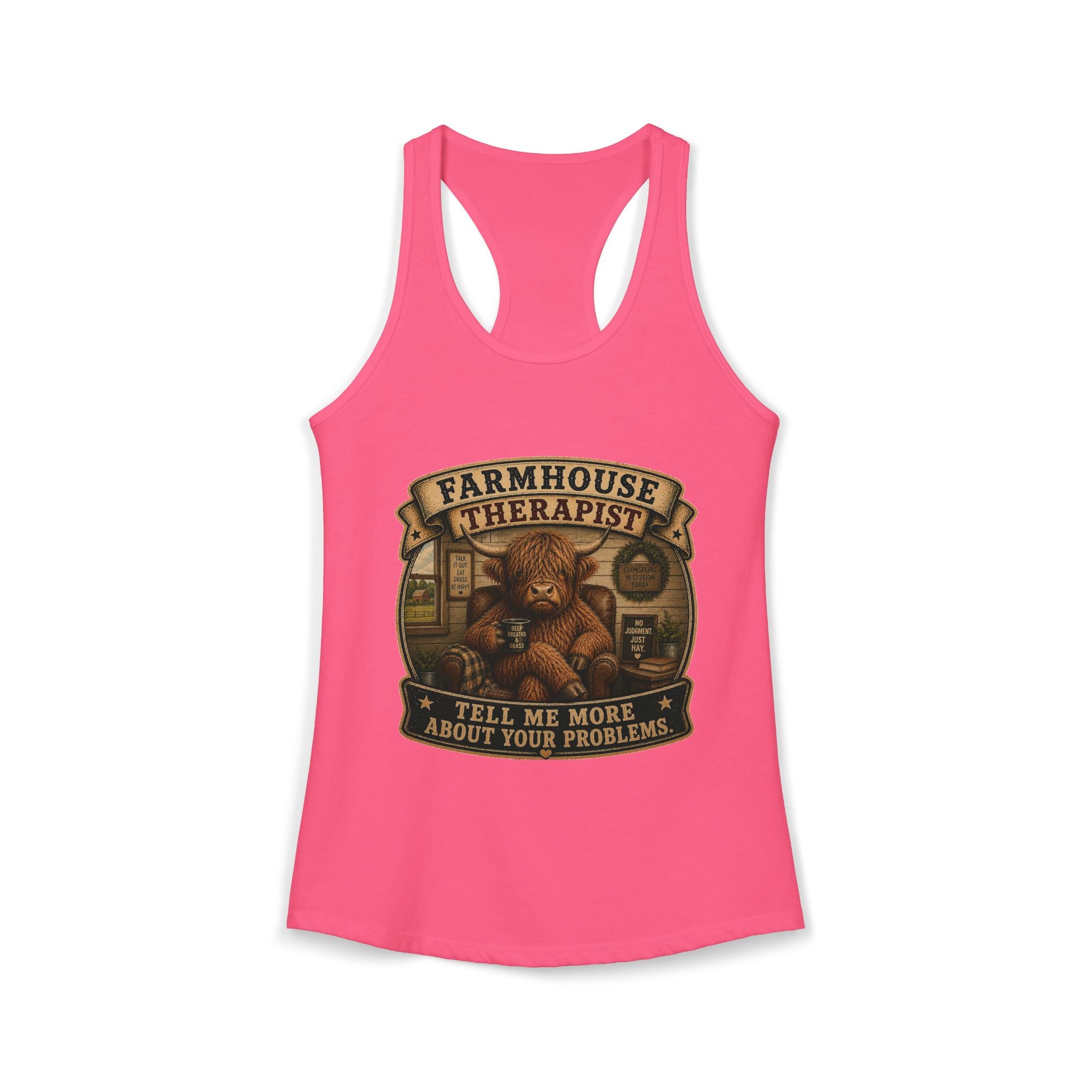 Farmhouse Therapist Highland Cow Women's Ideal Racerback Tank