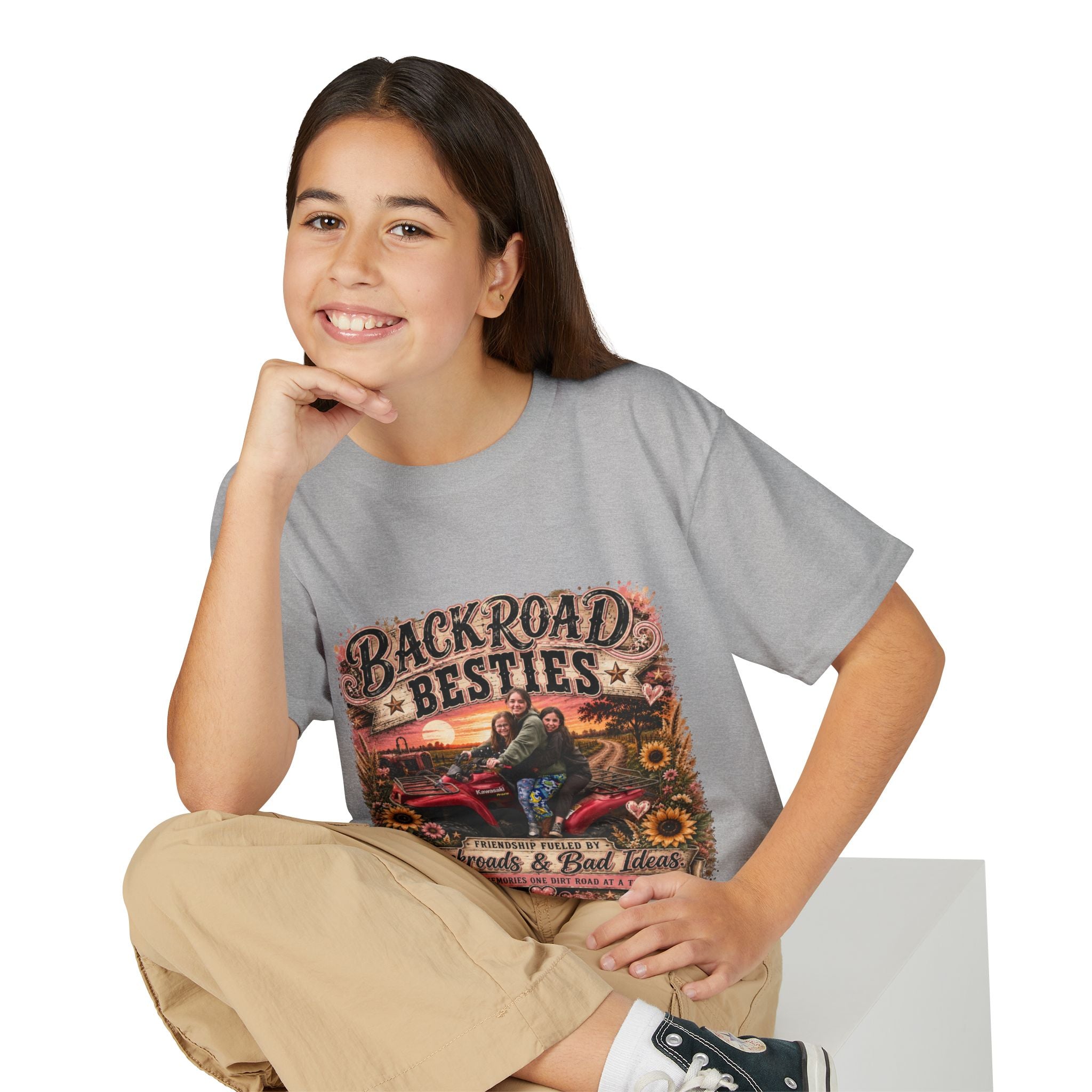 Backroad Besties Youth T‑Shirt — Vintage Tractor Sunset Kids Tee