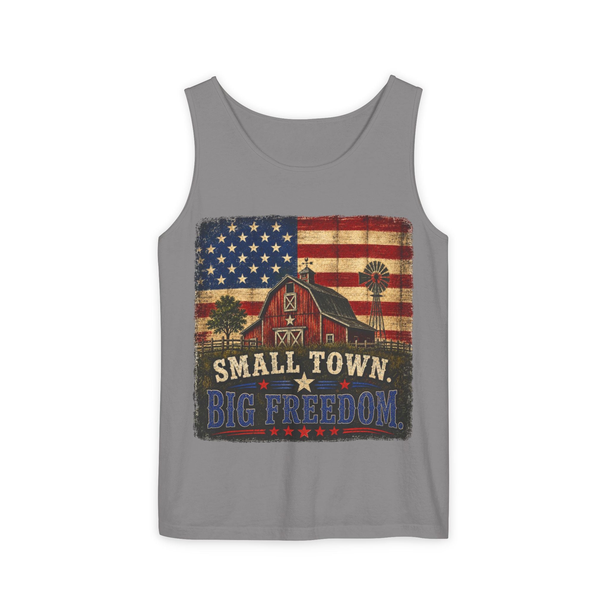 Small Town, Big Freedom Tank Top — Vintage American Flag Barn Patriotic Tank