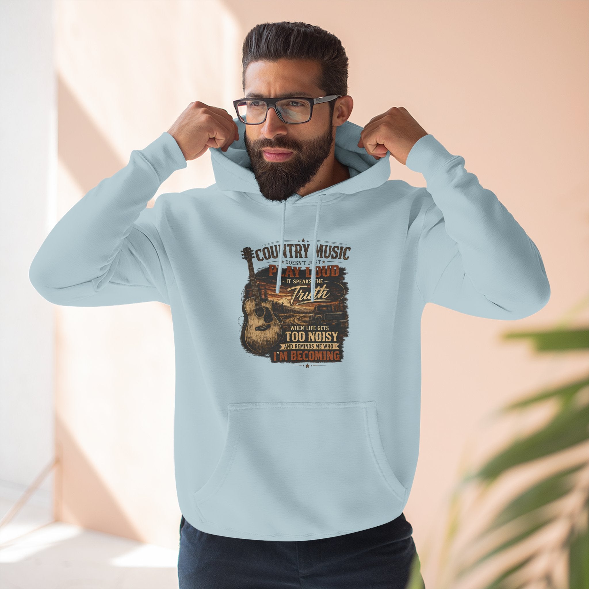 Country Music Guitar Hoodie — "Country Music: Too Loud For The City" Fleece Sweatshirt