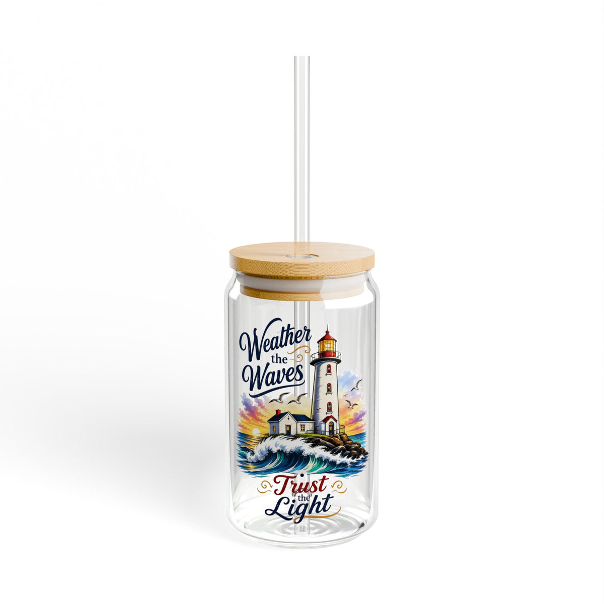 Lighthouse Glass Straw Cup 16oz – "Weather the Waves" Inspirational Travel Tumbler