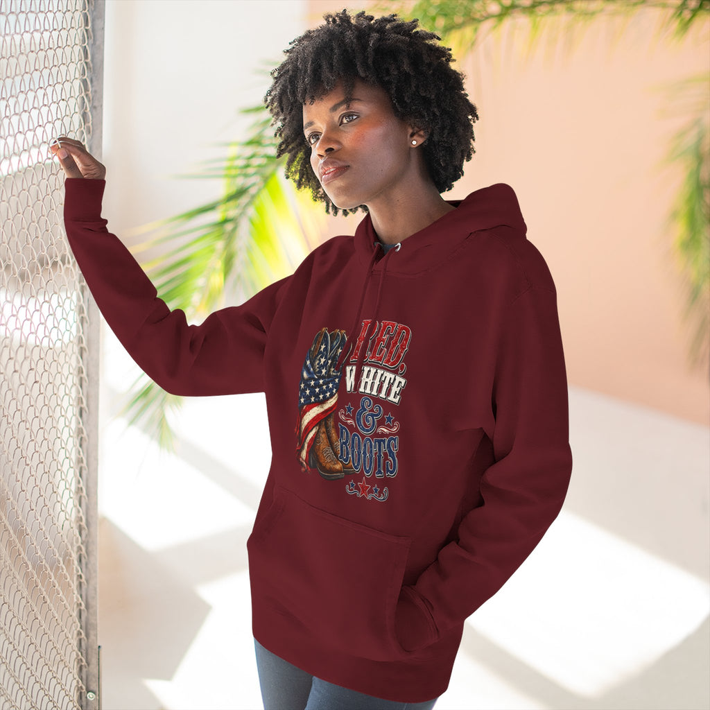 Patriotic 'Red White & Boots' Hoodie — American Flag Cowboy Boots Pullover