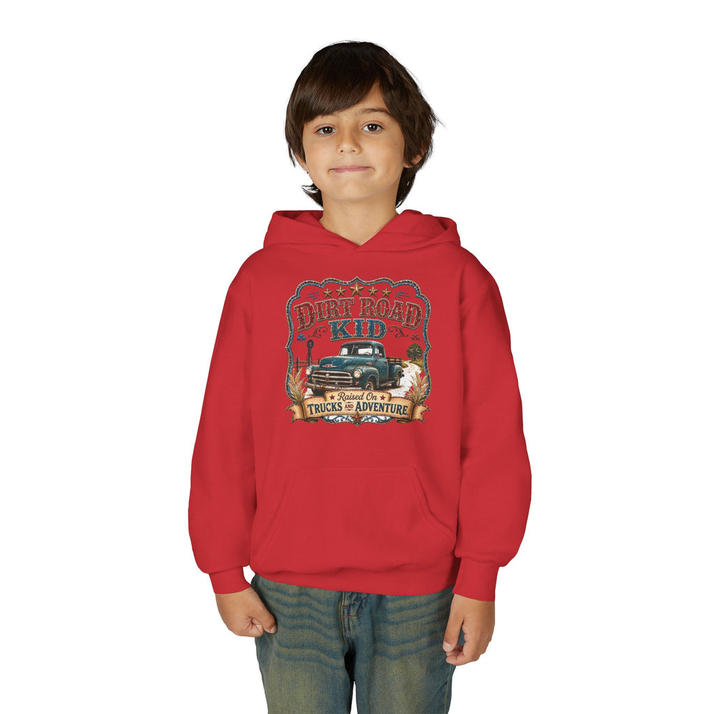 Youth Hoodie — “Dirt Road Kid” Vintage Truck Adventure Sweatshirt