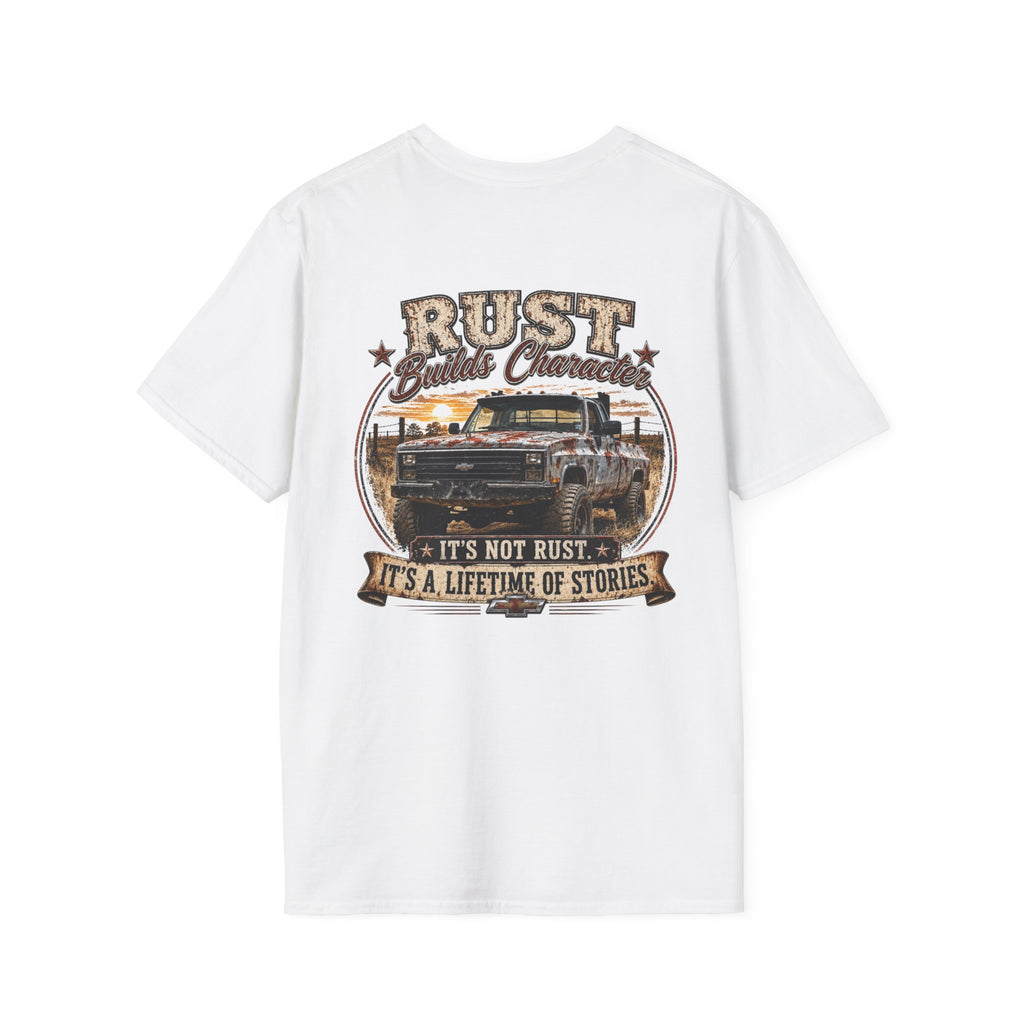 Rust Builds Character - Chevrolet K30 Vintage Truck Pocket T‑Shirt