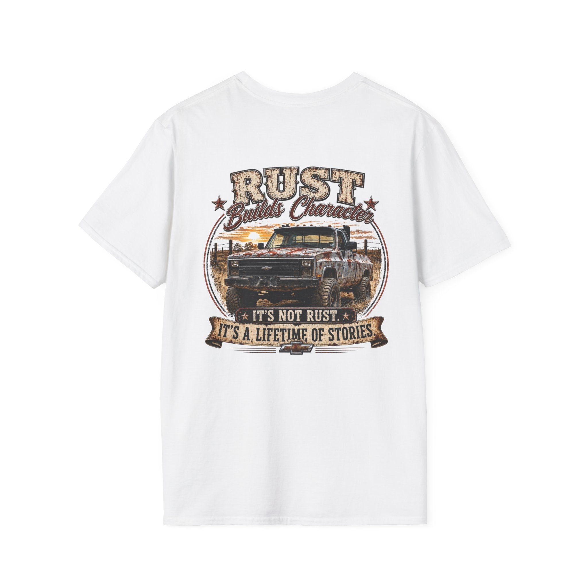 Rust Builds Character - Chevrolet K30 Vintage Truck Pocket T‑Shirt
