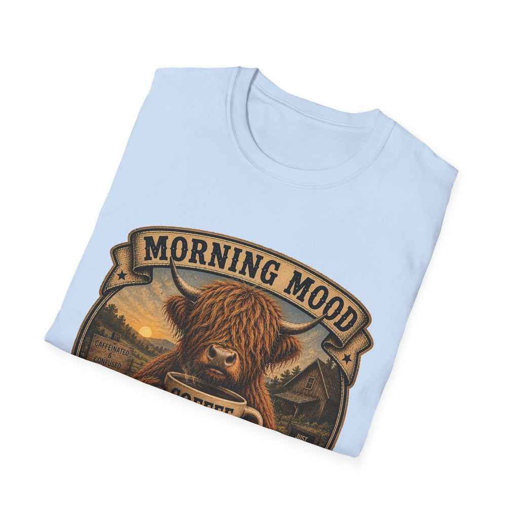 Morning Mood Moo First Questions Later Highland Cow Unisex Softstyle T-Shirt