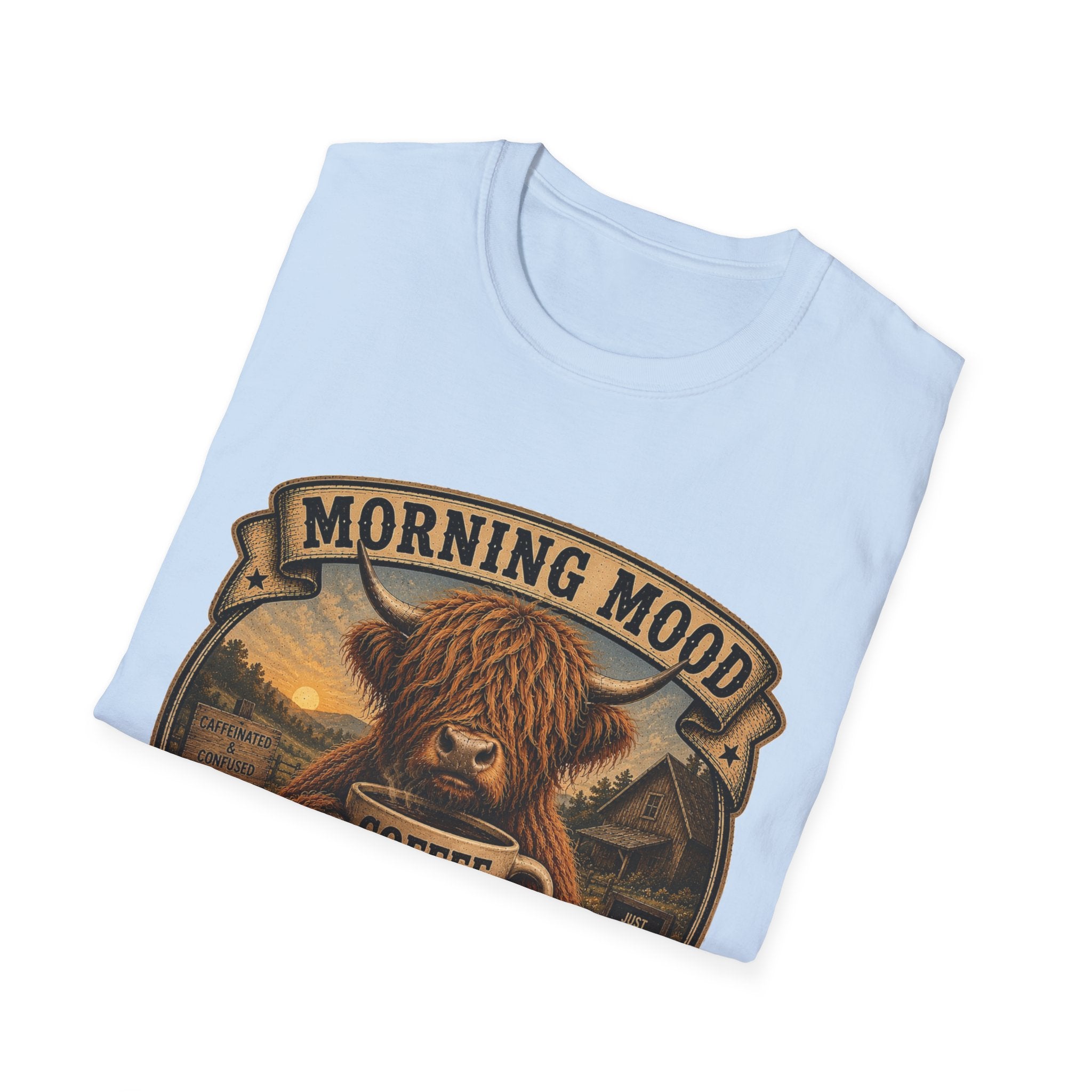 Morning Mood Moo First Questions Later Highland Cow Unisex Softstyle T-Shirt