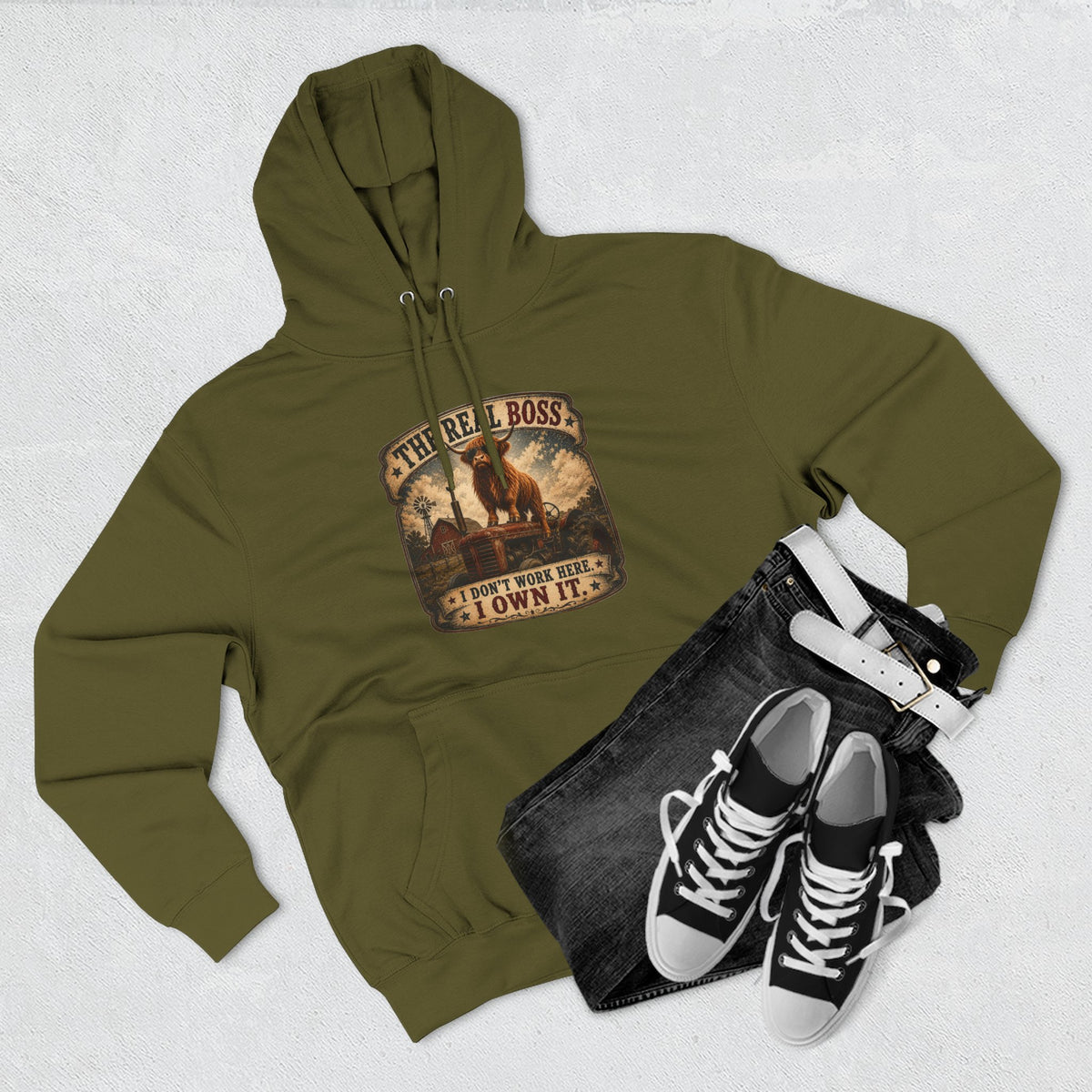 The Real Boss Highland Cow Three-Panel Fleece Hoodie