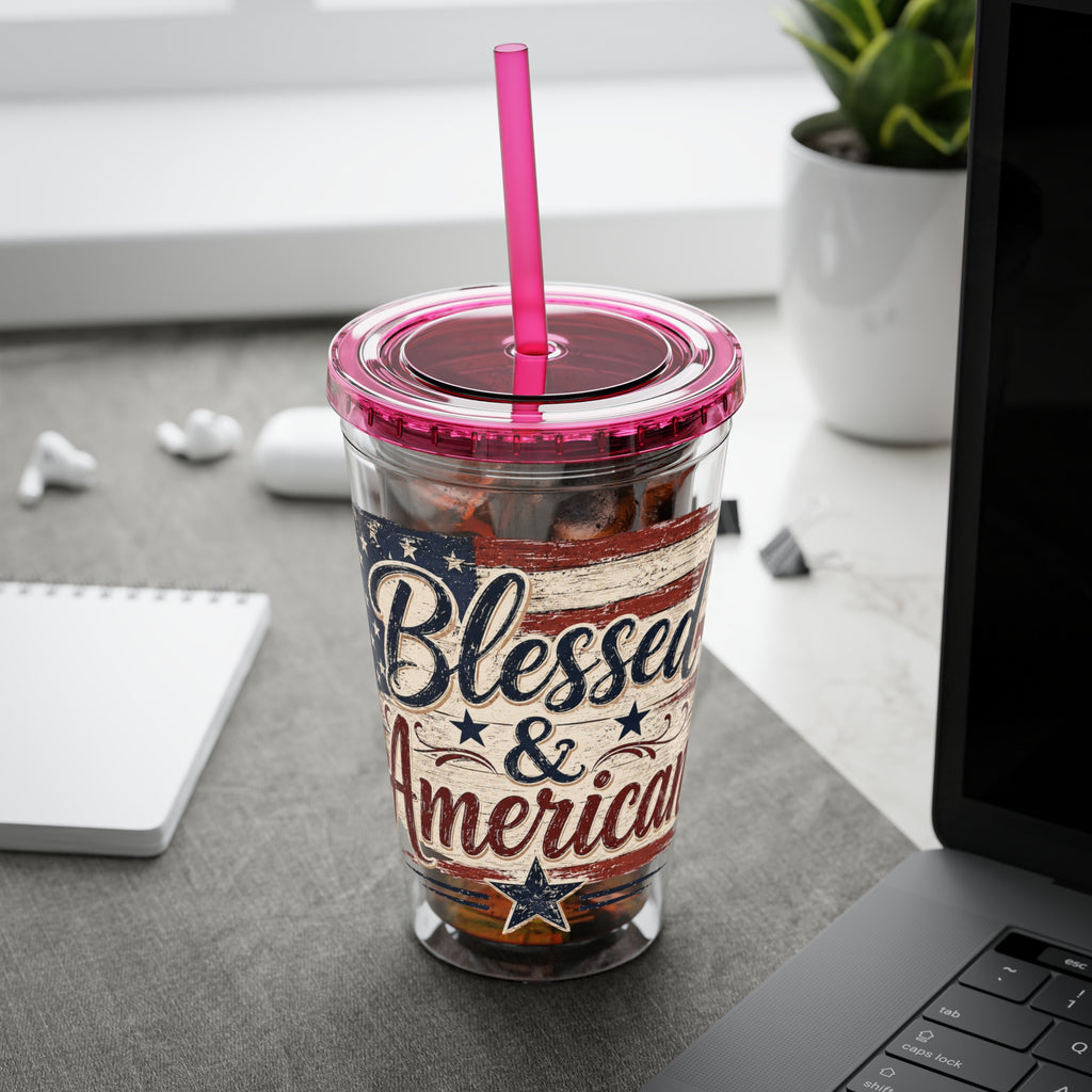 Blessed & American Sunsplash Tumbler with Straw, 16oz