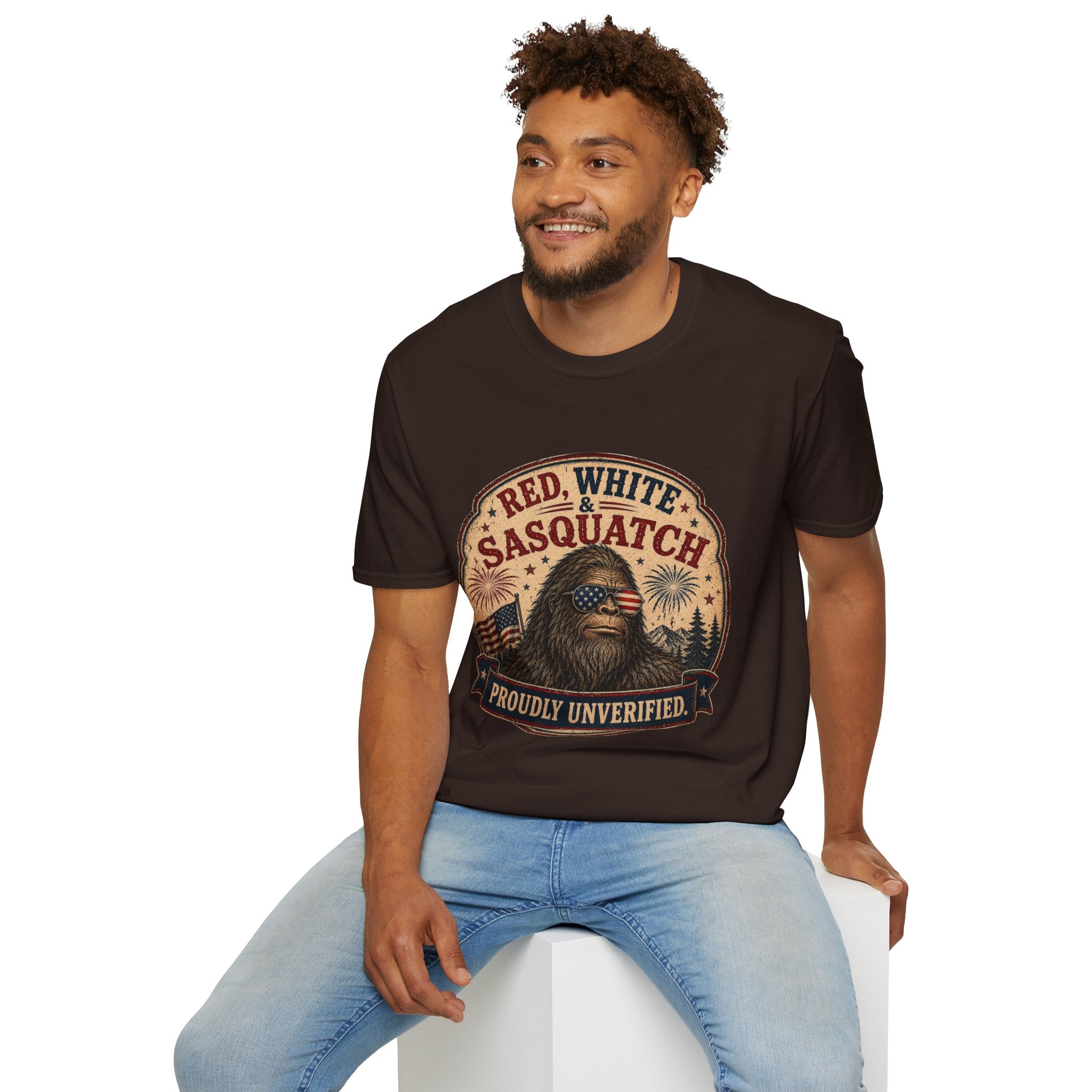 Red, White & Sasquatch T-Shirt — Proudly Unverified Patriotic Tee