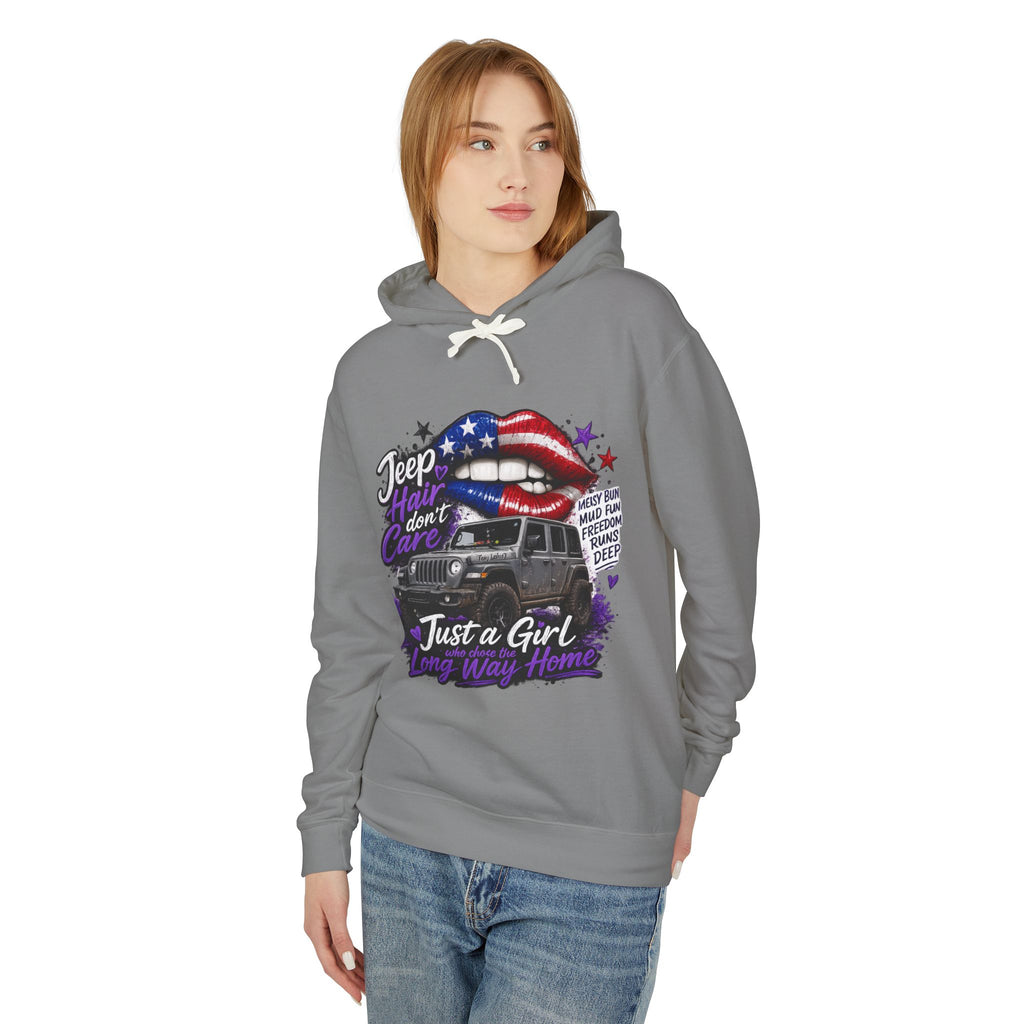 Jeep Just a Girl Hoodie – American Flag Lips Off-Road Sweatshirt