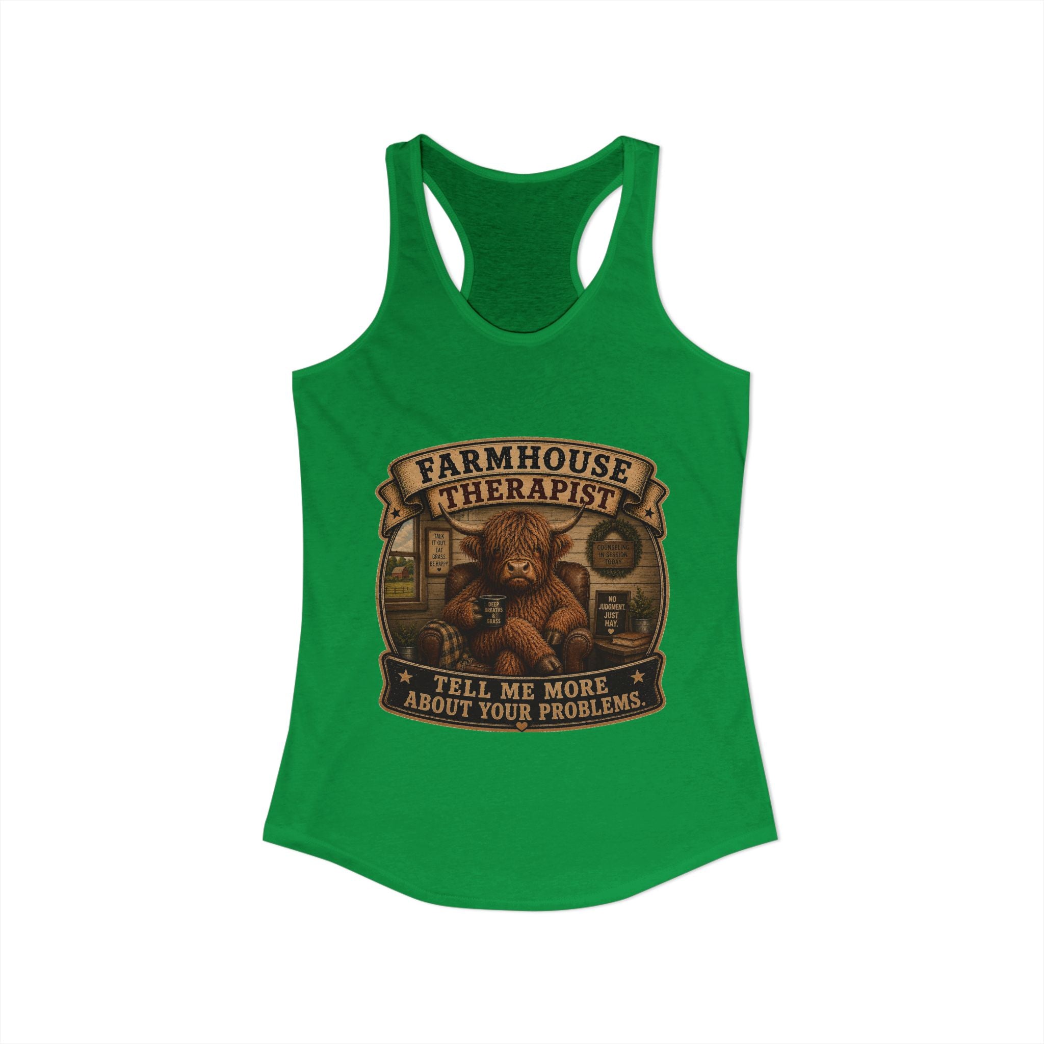 Farmhouse Therapist Highland Cow Women's Ideal Racerback Tank