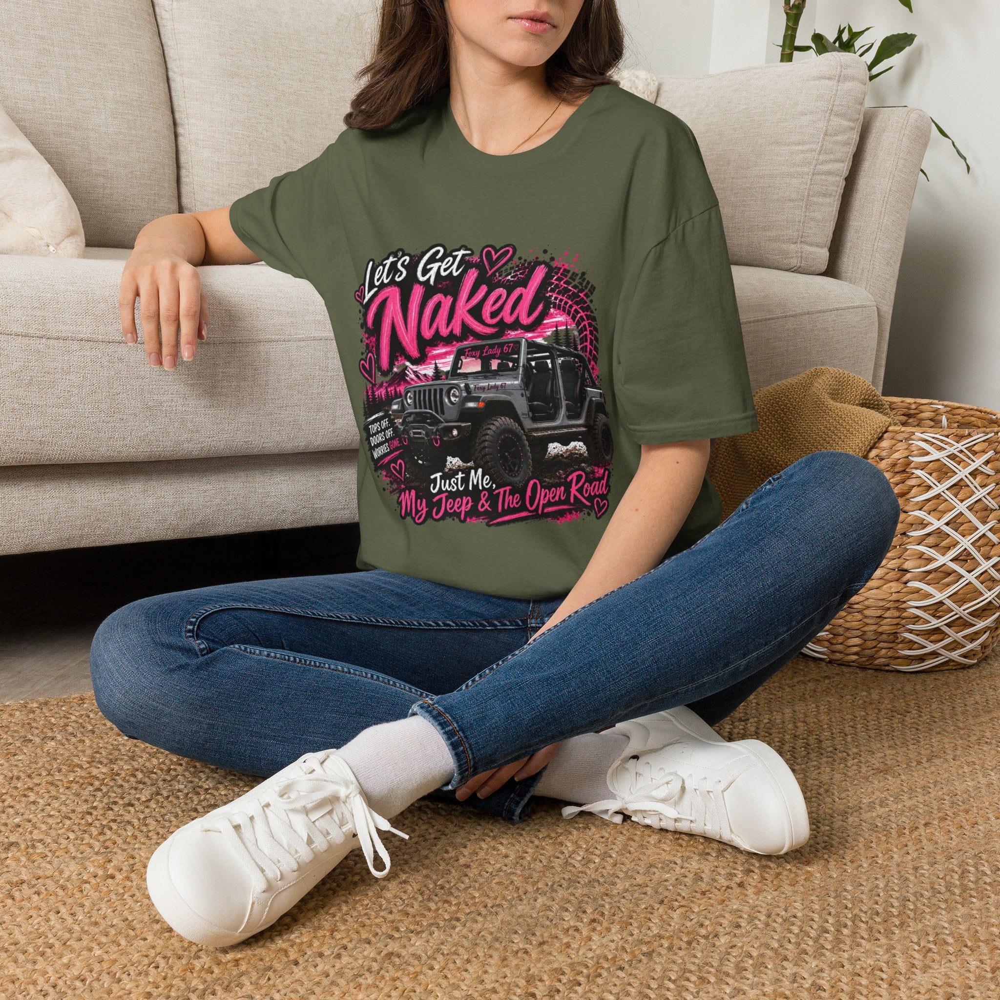 Jeep 'Let's Get Naked' Graphic T-Shirt — (Pink) Funny Off-Roading Top