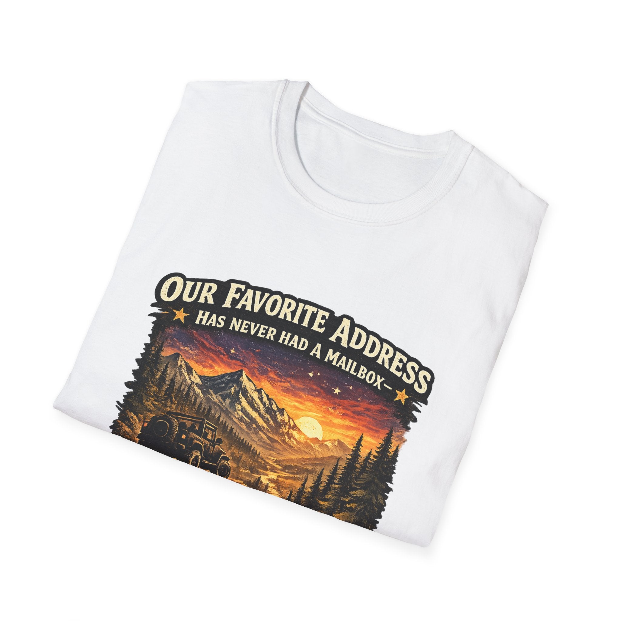"Our Favorite Address Has Never Had a Mailbox" Scenic Mountain Camping Tee — T-Shirt