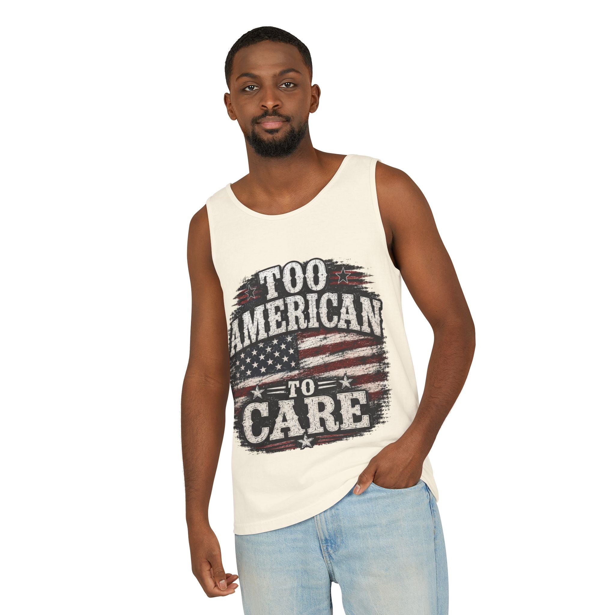 Too American To Care Tank Top — Vintage Flag Patriotic Sleeveless Shirt