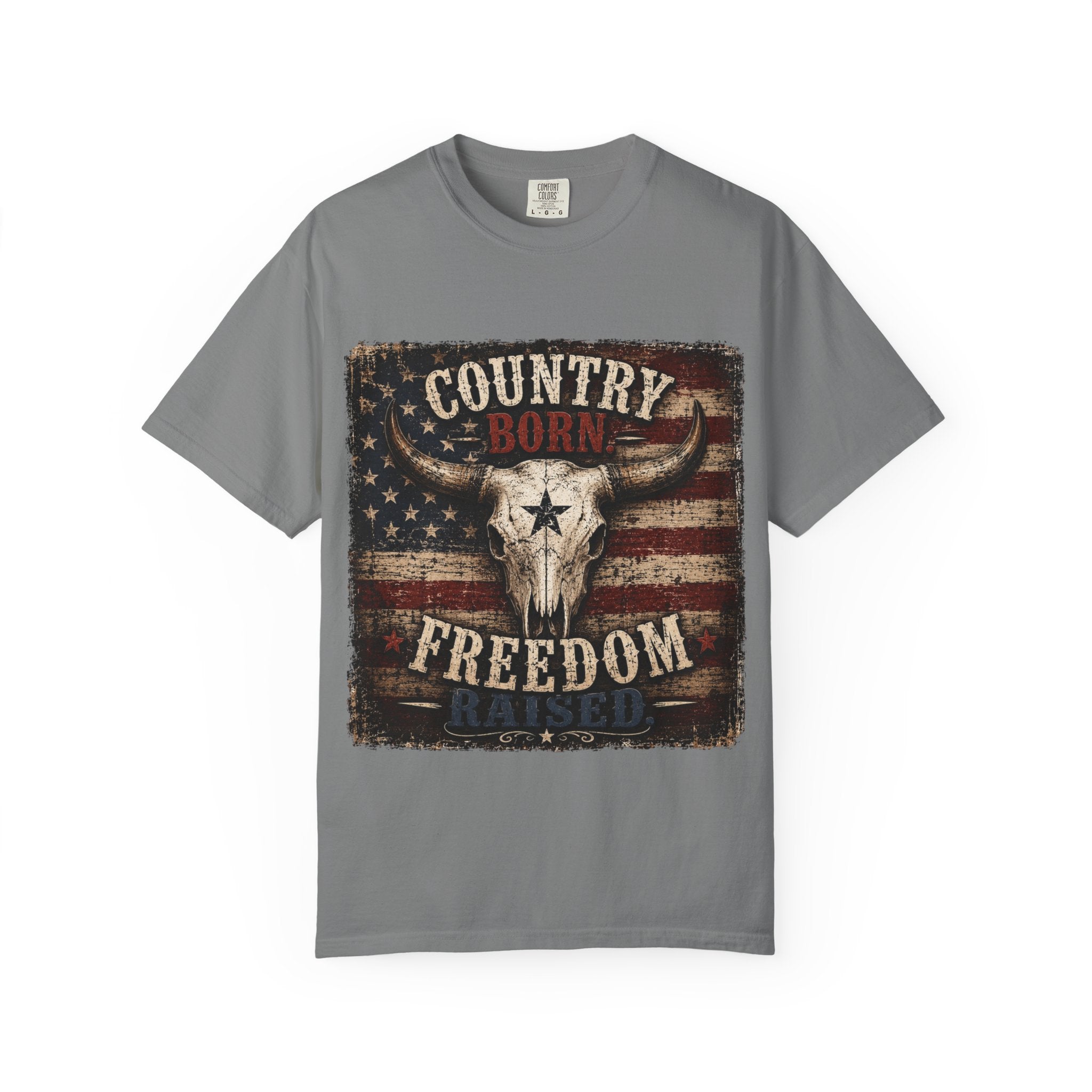 Country Born Freedom Raised T-Shirt — American Flag Steer Skull Graphic