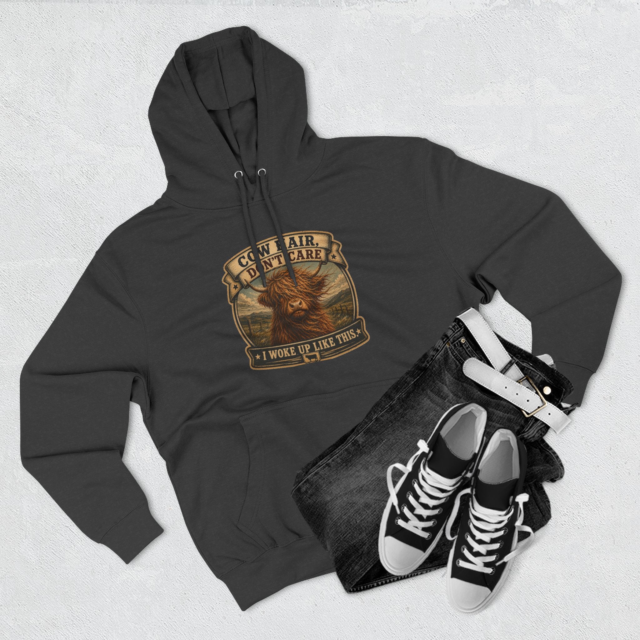Cow Hair Don't Care Highland Cow - Three-Panel Fleece Hoodie