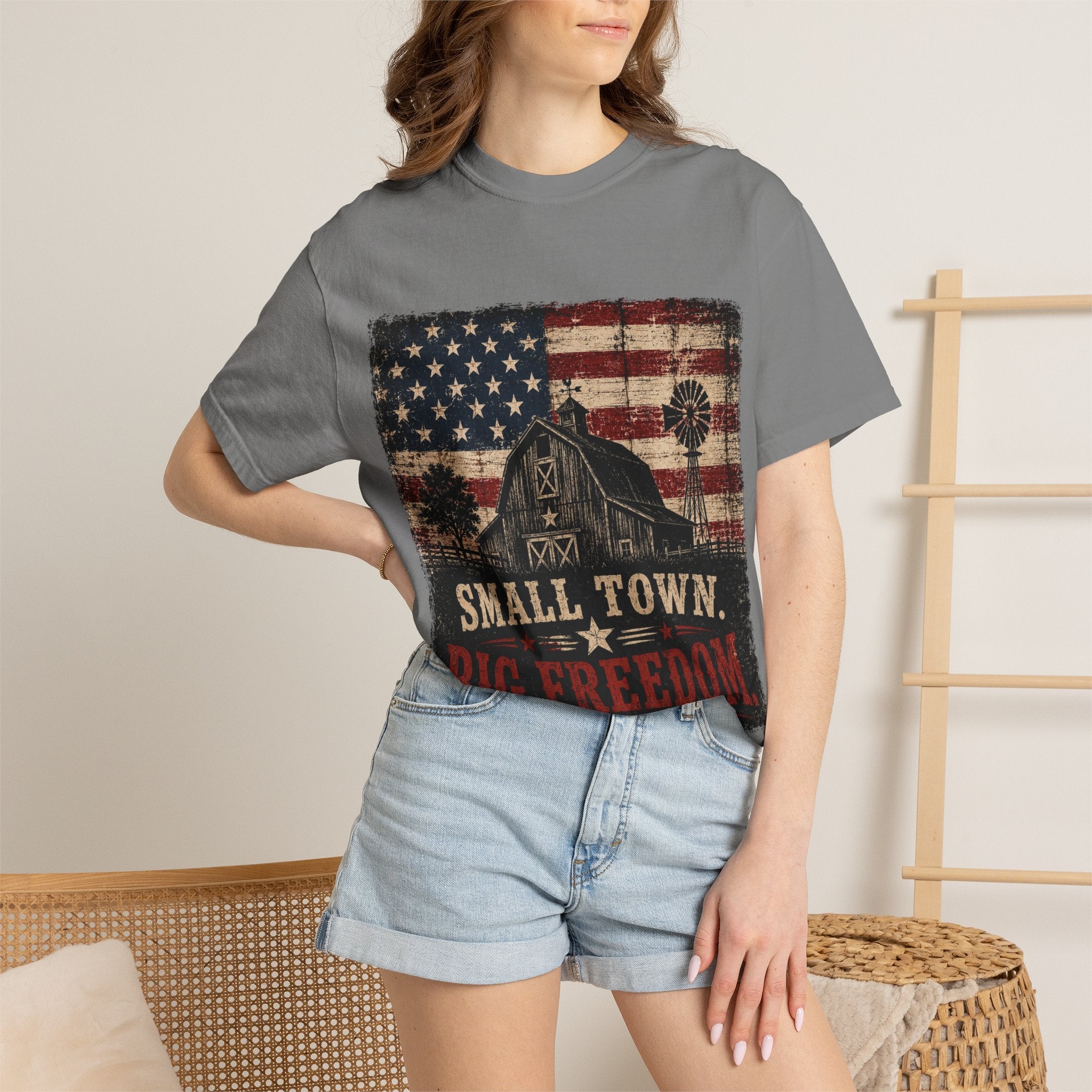 Small Town Big Freedom T-Shirt — Vintage American Flag Barn Patriotic Tee