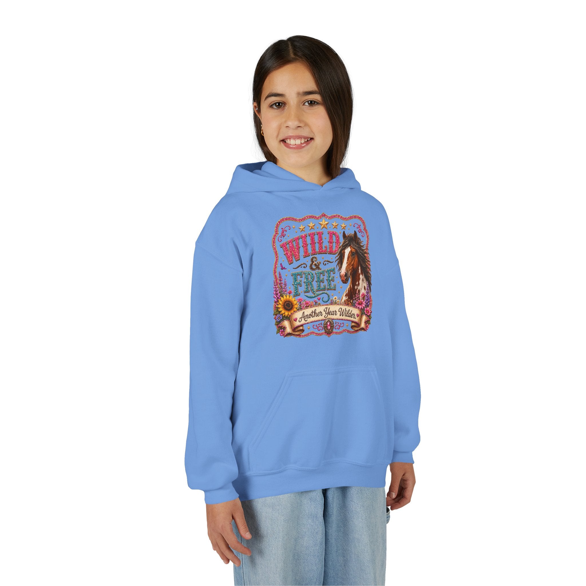 Youth Hoodie — "Wild & Free" Horse Graphic Pullover