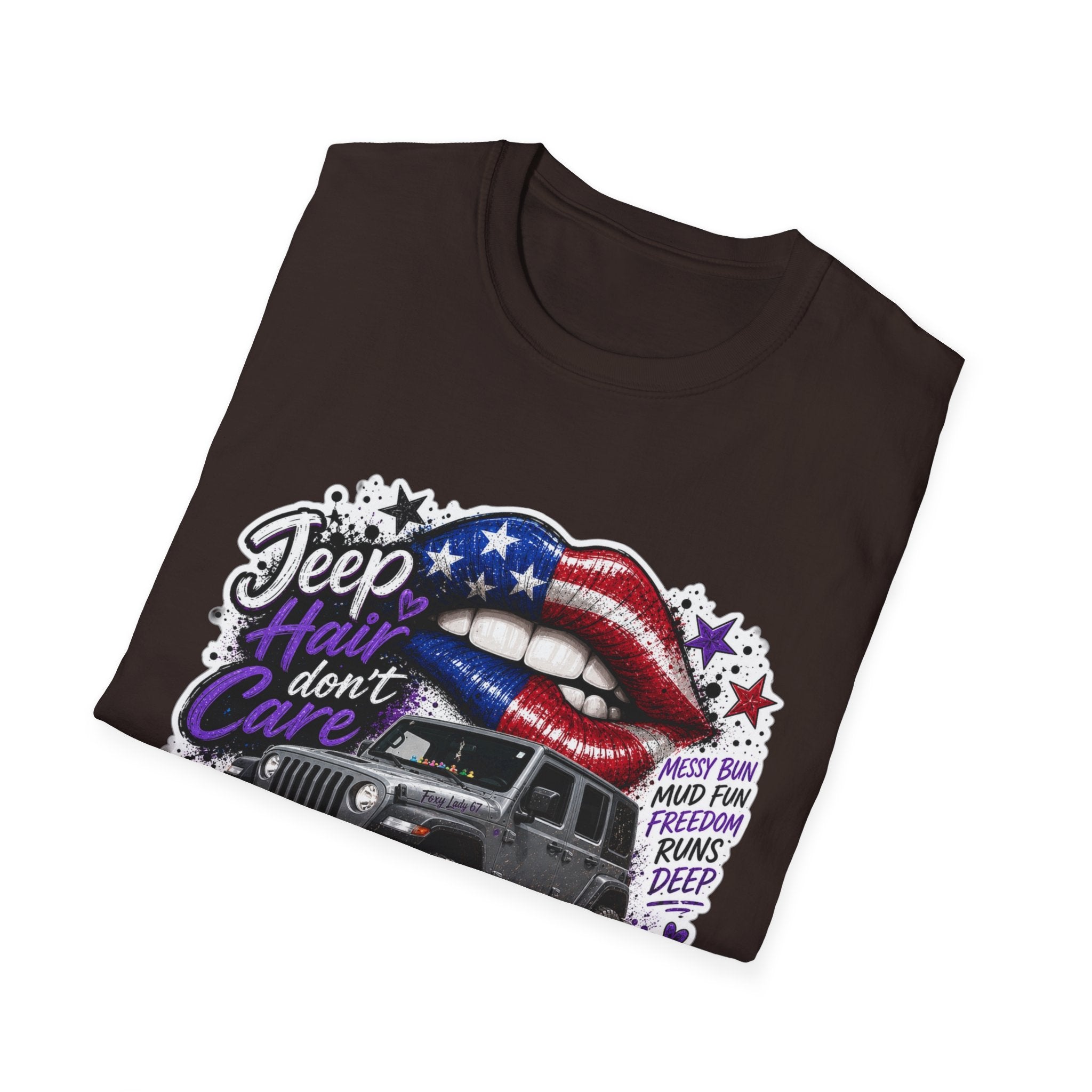 Jeep Hair Don't Care T-Shirt — American Flag Lips Off-Road Truck Tee