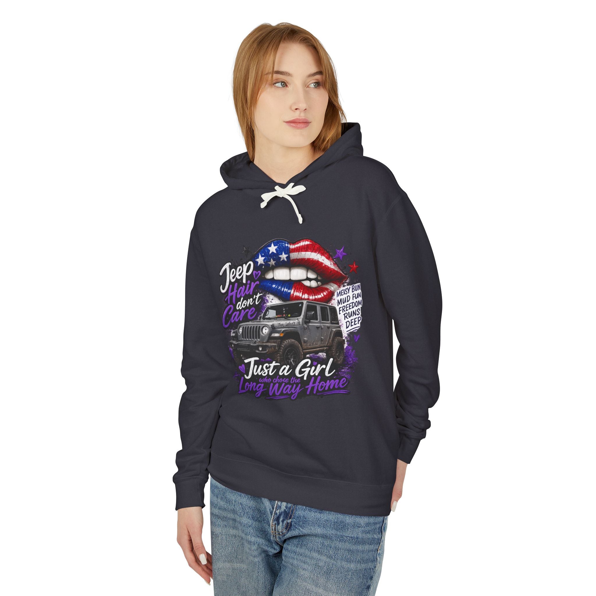 Jeep Just a Girl Hoodie – American Flag Lips Off-Road Sweatshirt