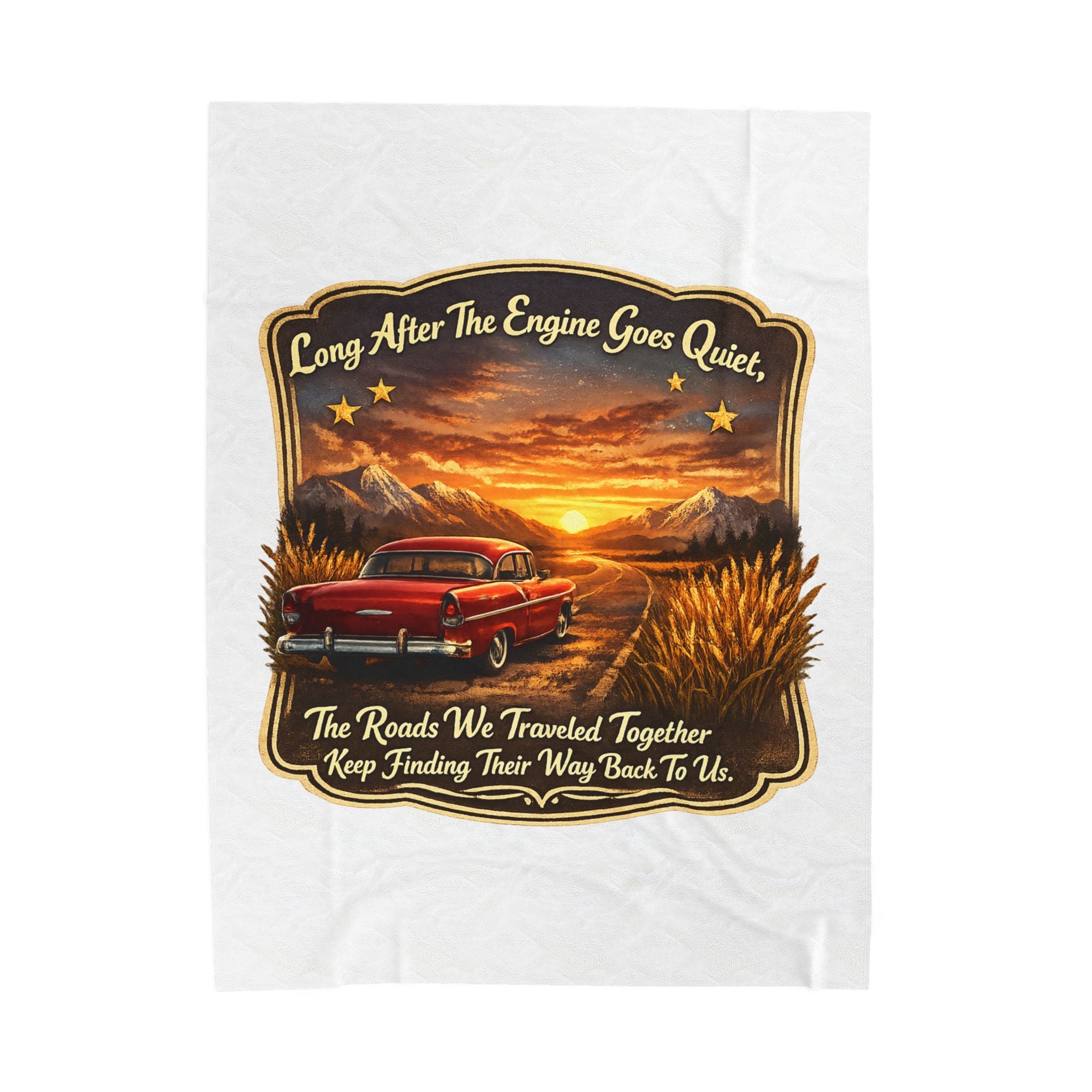 Vintage Car Sunset Throw with 'Long After The Engine Goes Quiet' Quote — Velveteen Plush Blanket