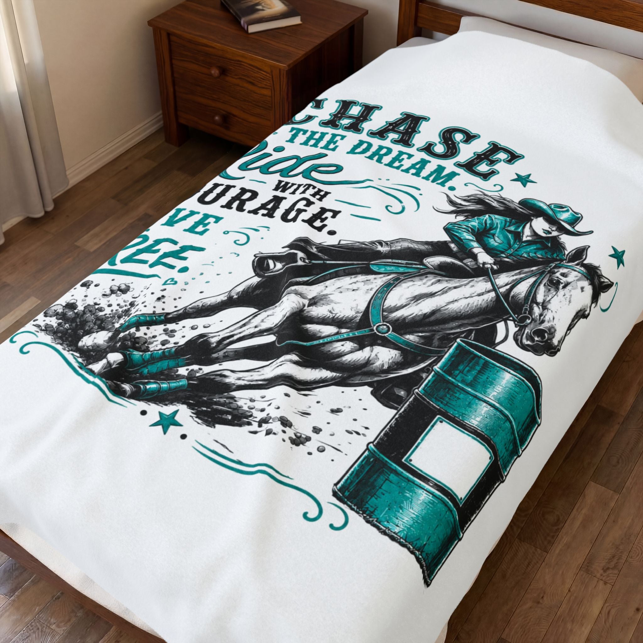 "Chase the Dream: Ride with Courage, Live Free" (Teal) Barrel Racing Horse Throw — Velveteen Plush Blanket