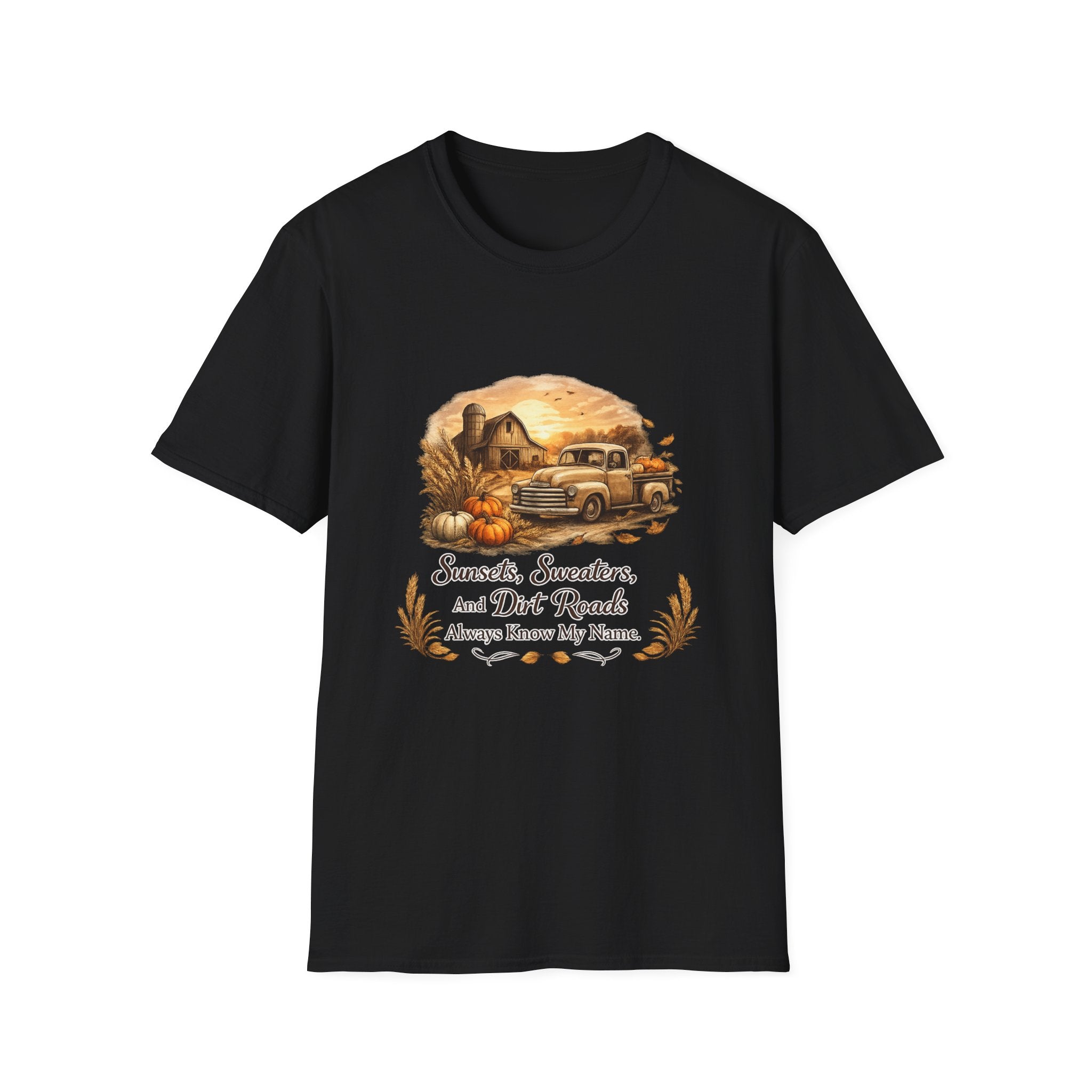 'Sunsets, Sweaters, and Dirt Roads' Vintage Autumn Tee — Fall Farm Truck T‑Shirt