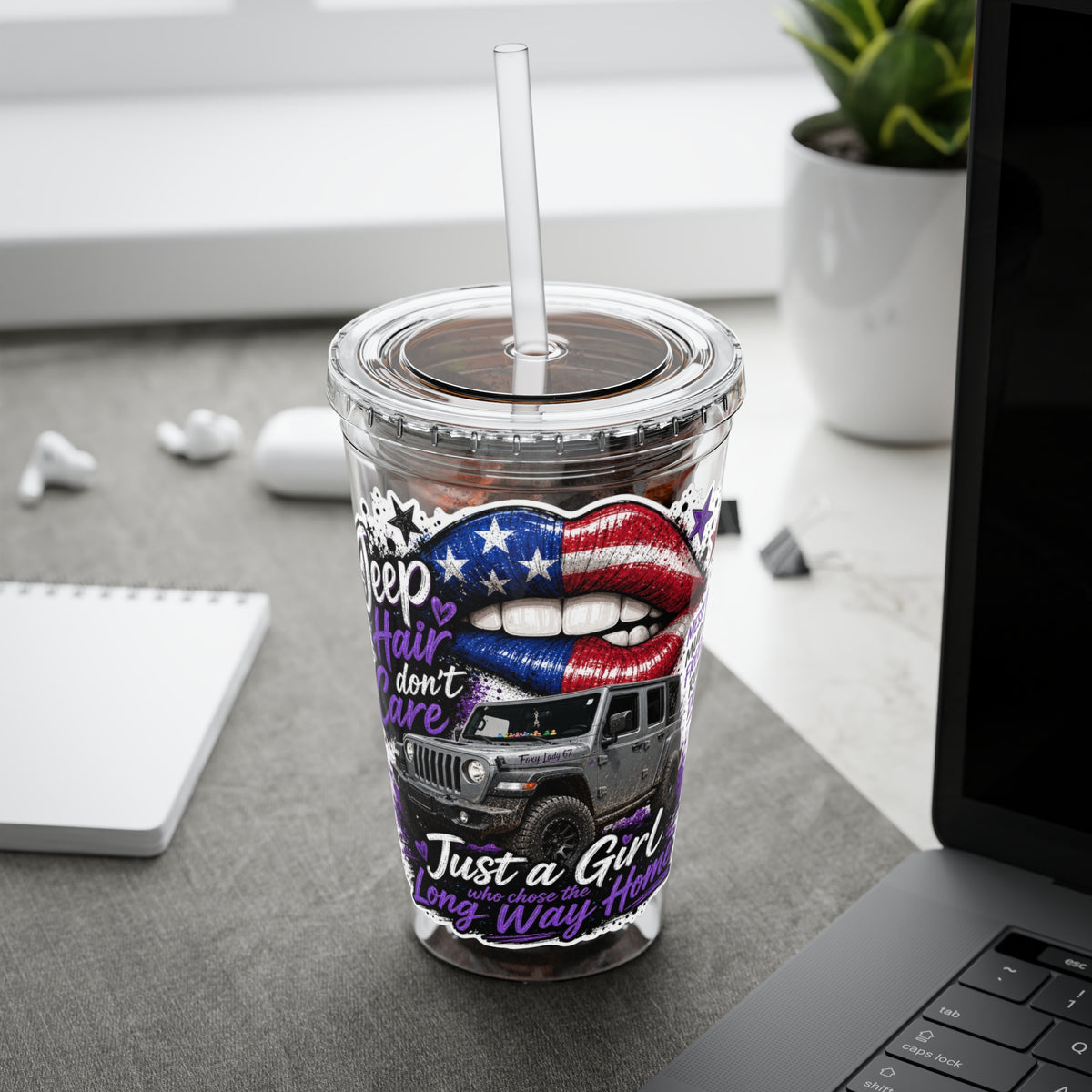 Jeep Girl 16oz Tumbler with Straw — American Flag Lips ‘Jeep Hair Don’t Care’ Design
