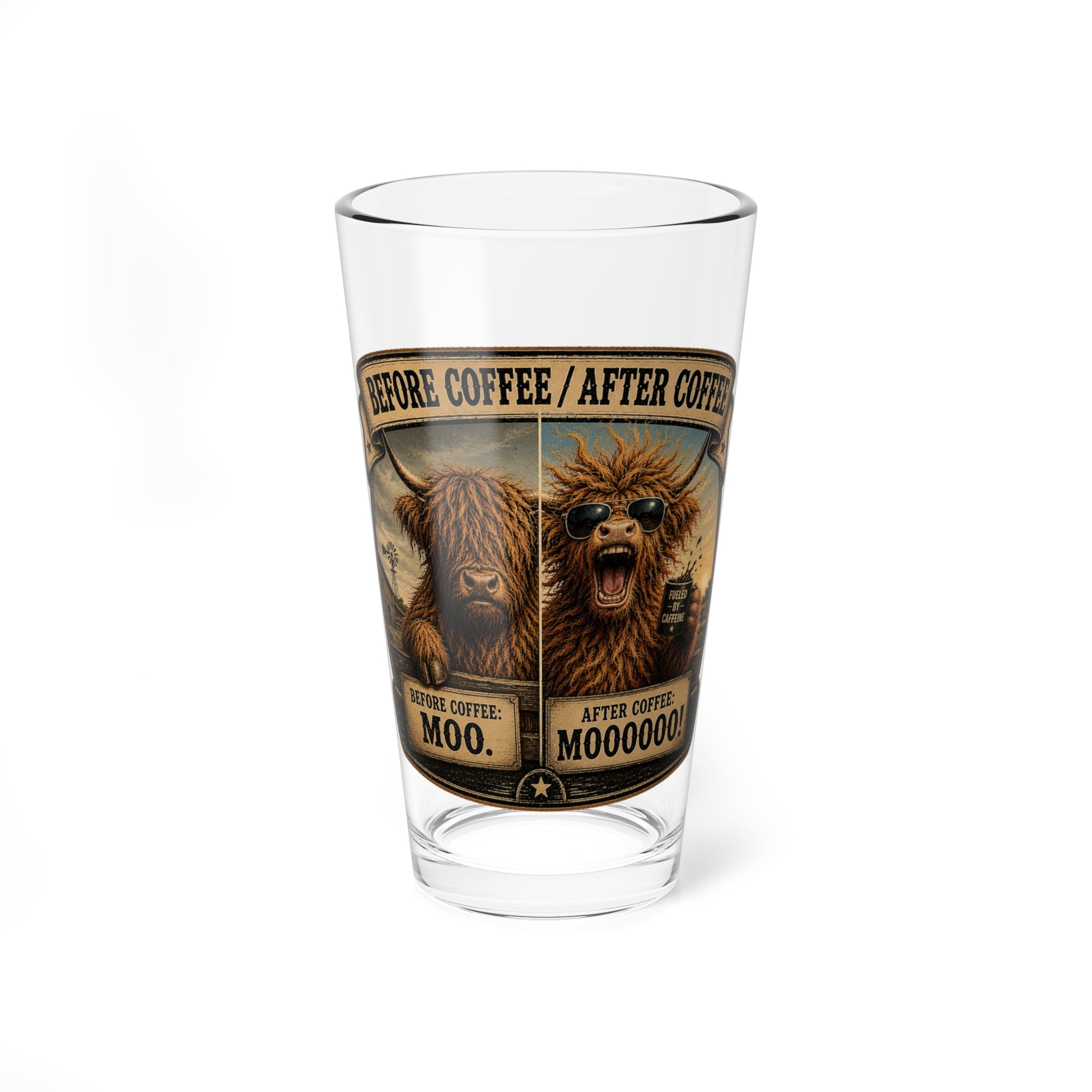 "Before Coffee / After Coffee" Cow Illustration Funny — 16oz Mixing Glass