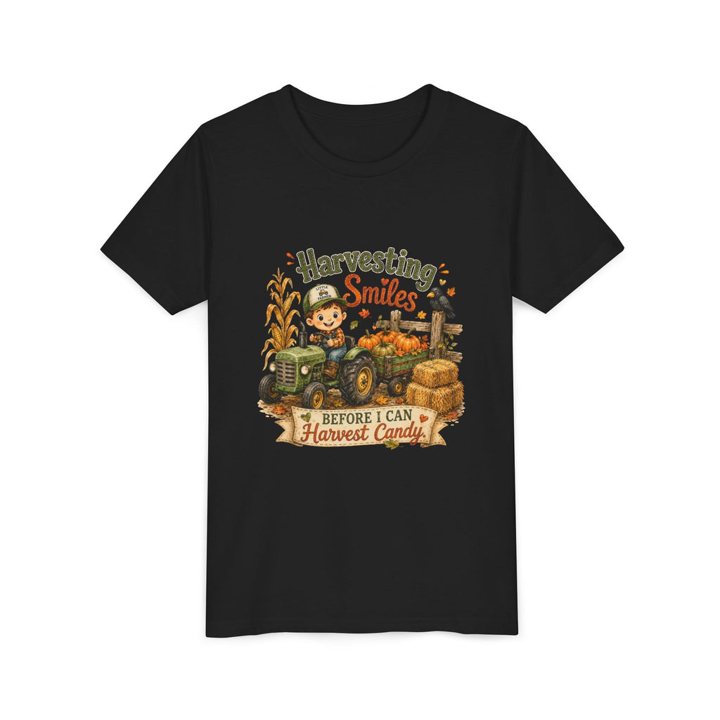"Harvesting Smiles Before I Can Harvest Candy" Fall Tractor Halloween Kids Shirt — Youth Tee