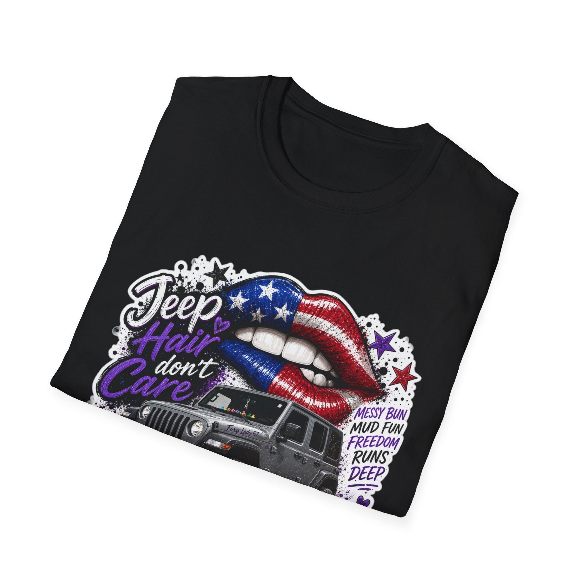 Jeep Hair Don't Care T-Shirt — American Flag Lips Off-Road Truck Tee