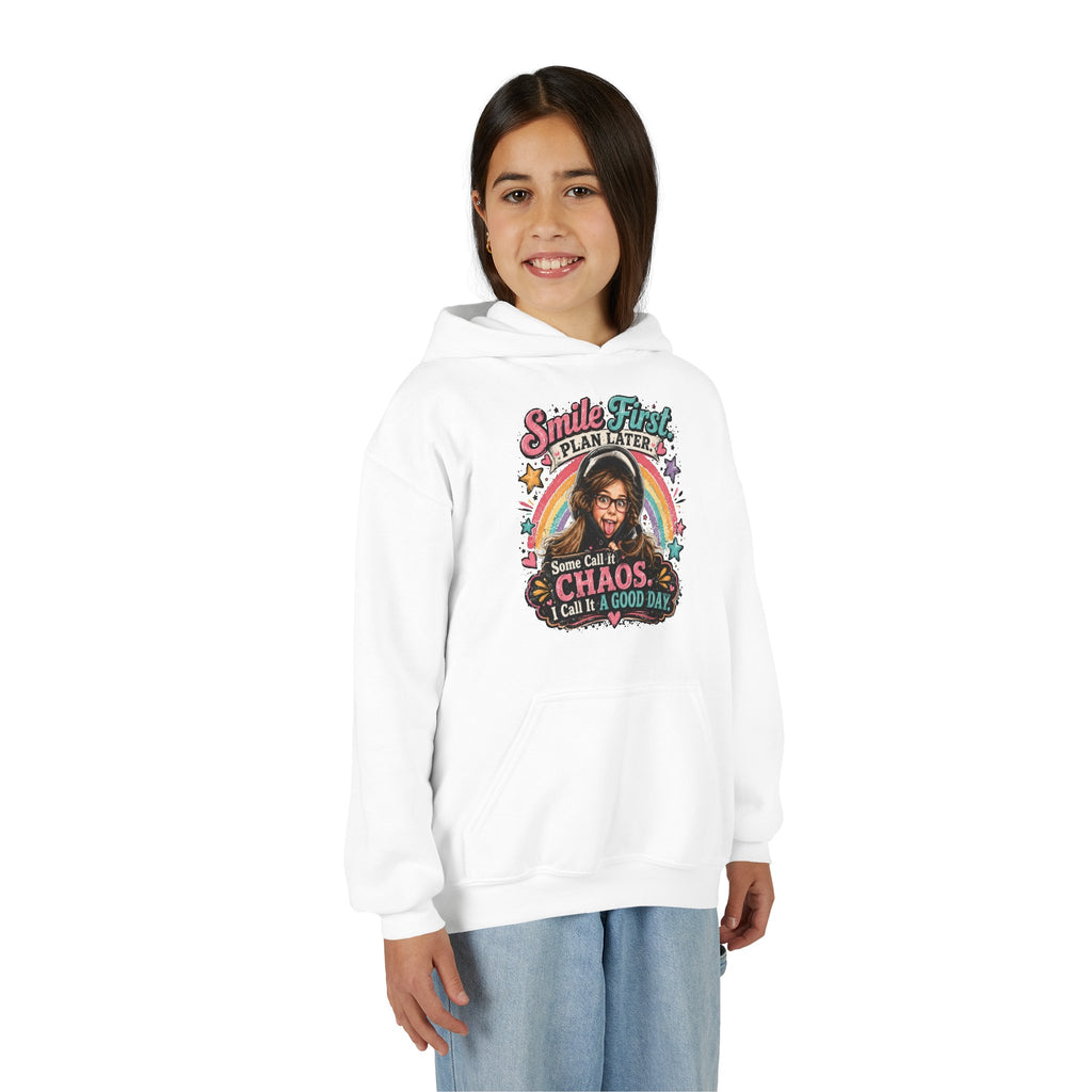 “Smile First, Plan Later” Retro Rainbow Chaos Graphic — Youth Hoodie