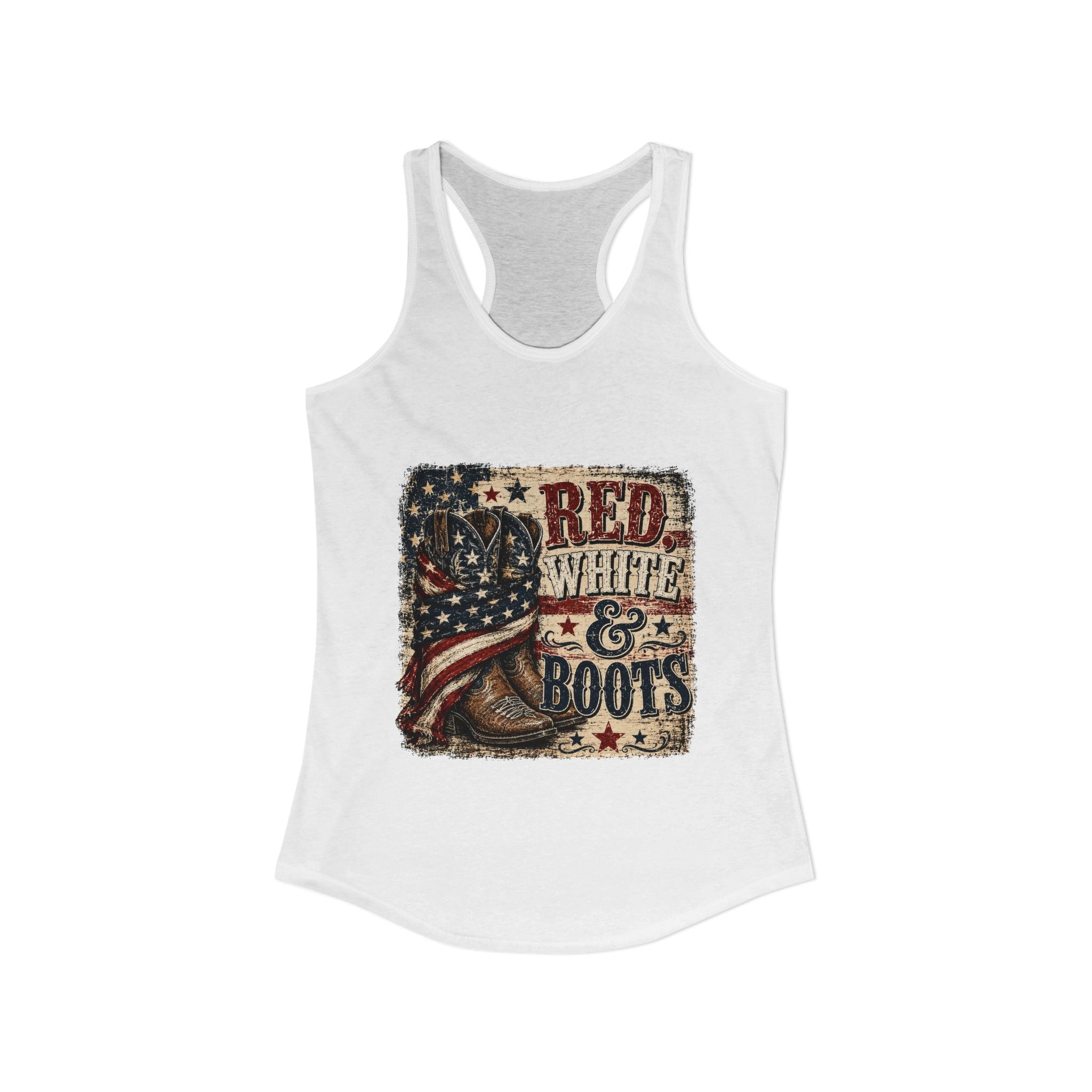 Patriotic "Red White & Boots" Women's Ideal Racerback Tank— American Flag Cowboy Boot Tank