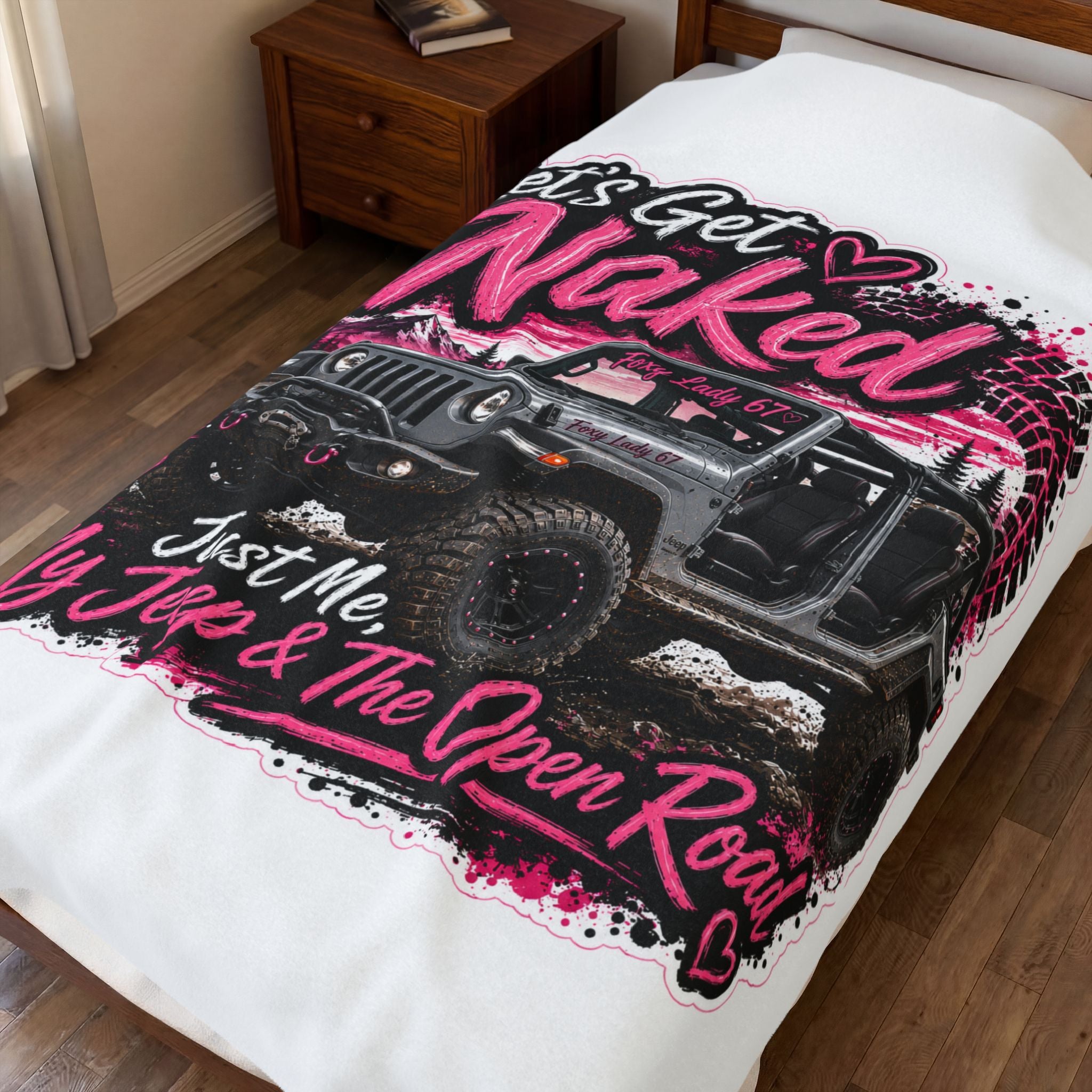 Let's Get Naked Jeep (Pink) Velveteen Plush Blanket