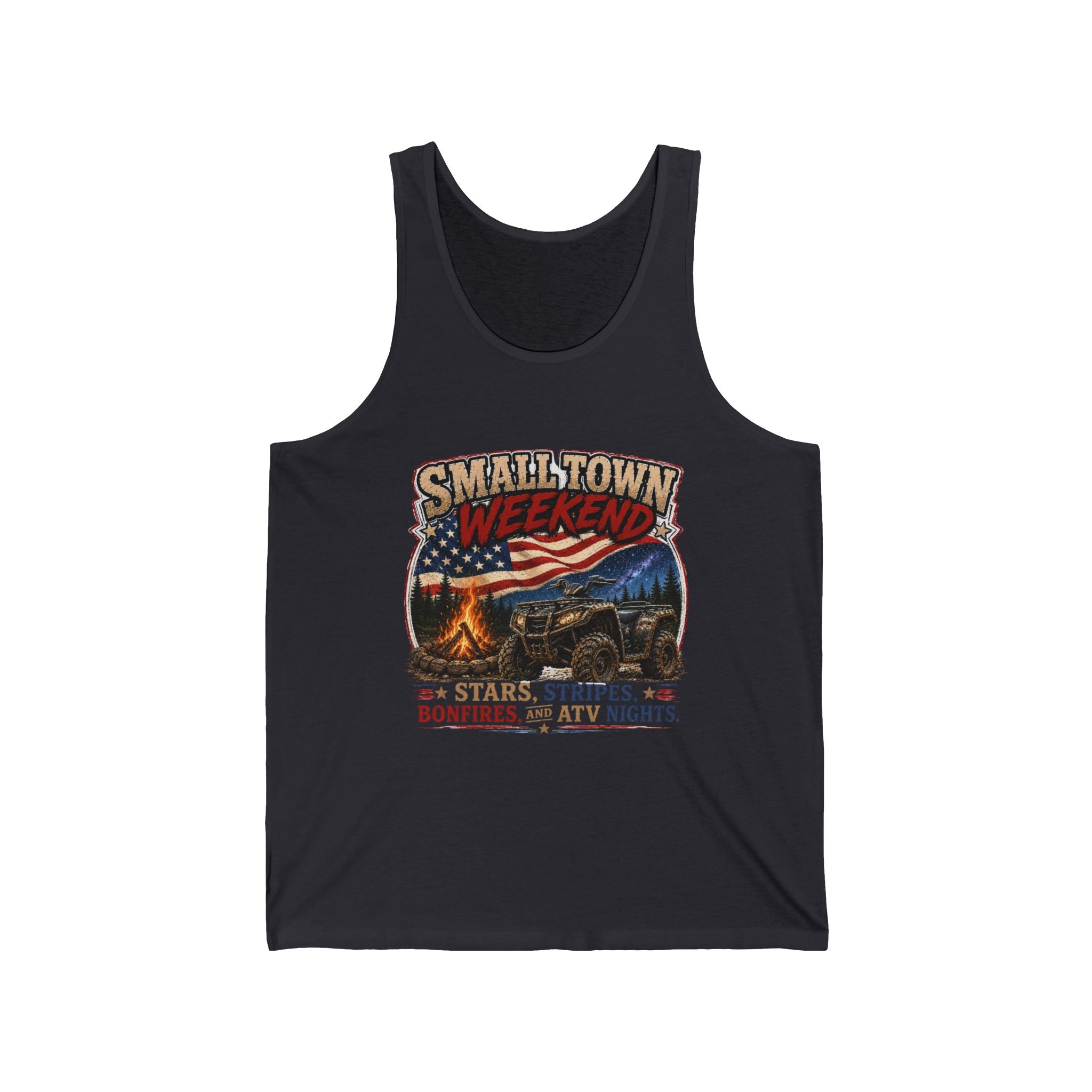 Stars, Stripes, Bonfires & ATV Nights Graphic Tank — Smalltown Weekend Tank Top