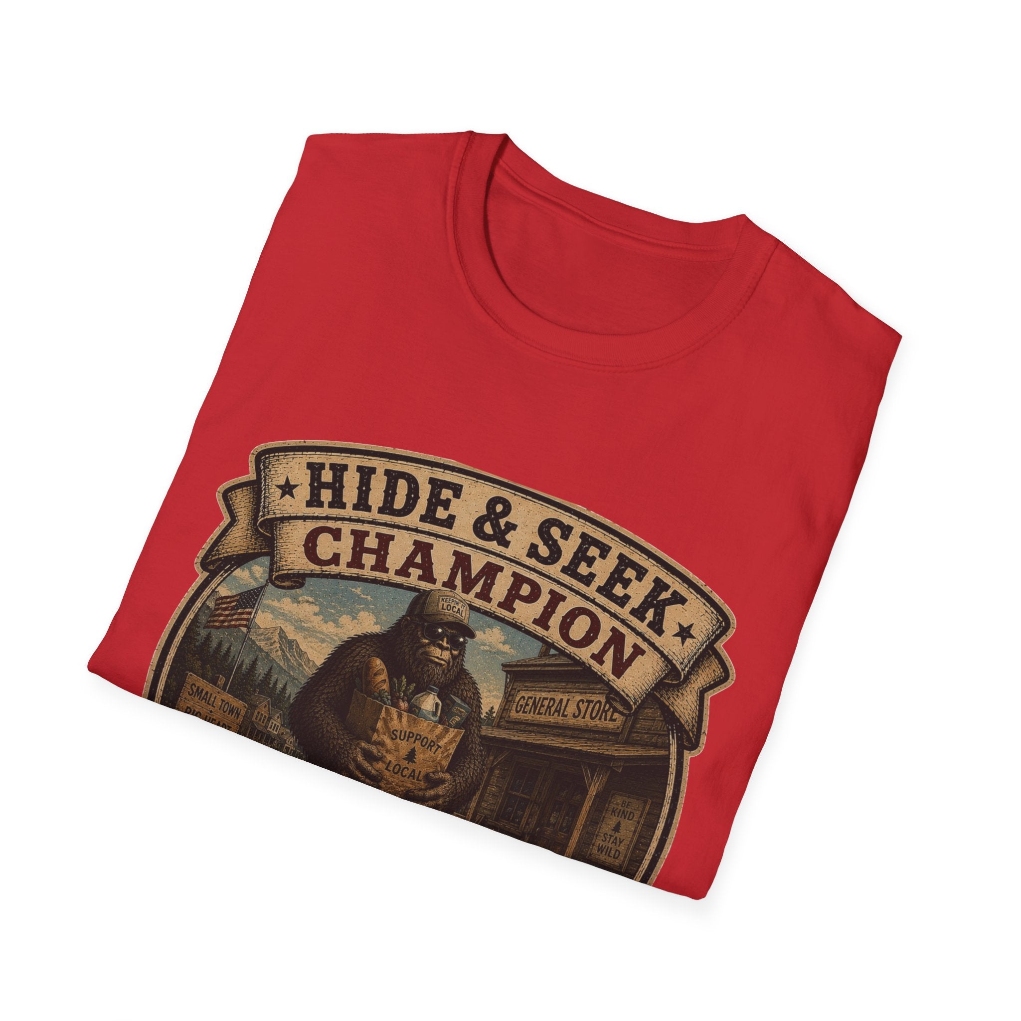 Hide & Seek Champion T-Shirt — Bigfoot Sasquatch Vintage Badge Design