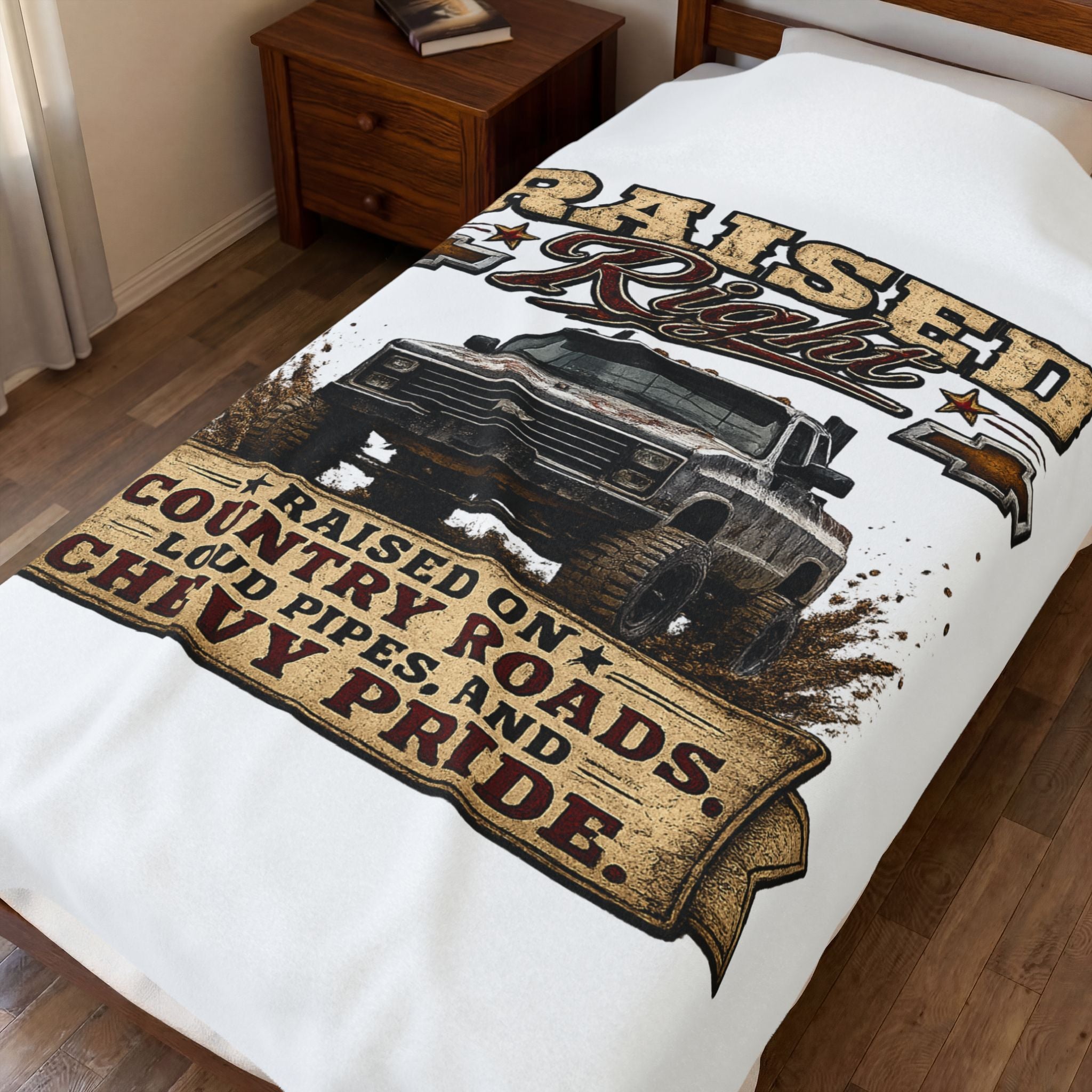 Raised Right Chevy Pride Velveteen Plush Blanket — Raised on Country Roads Design