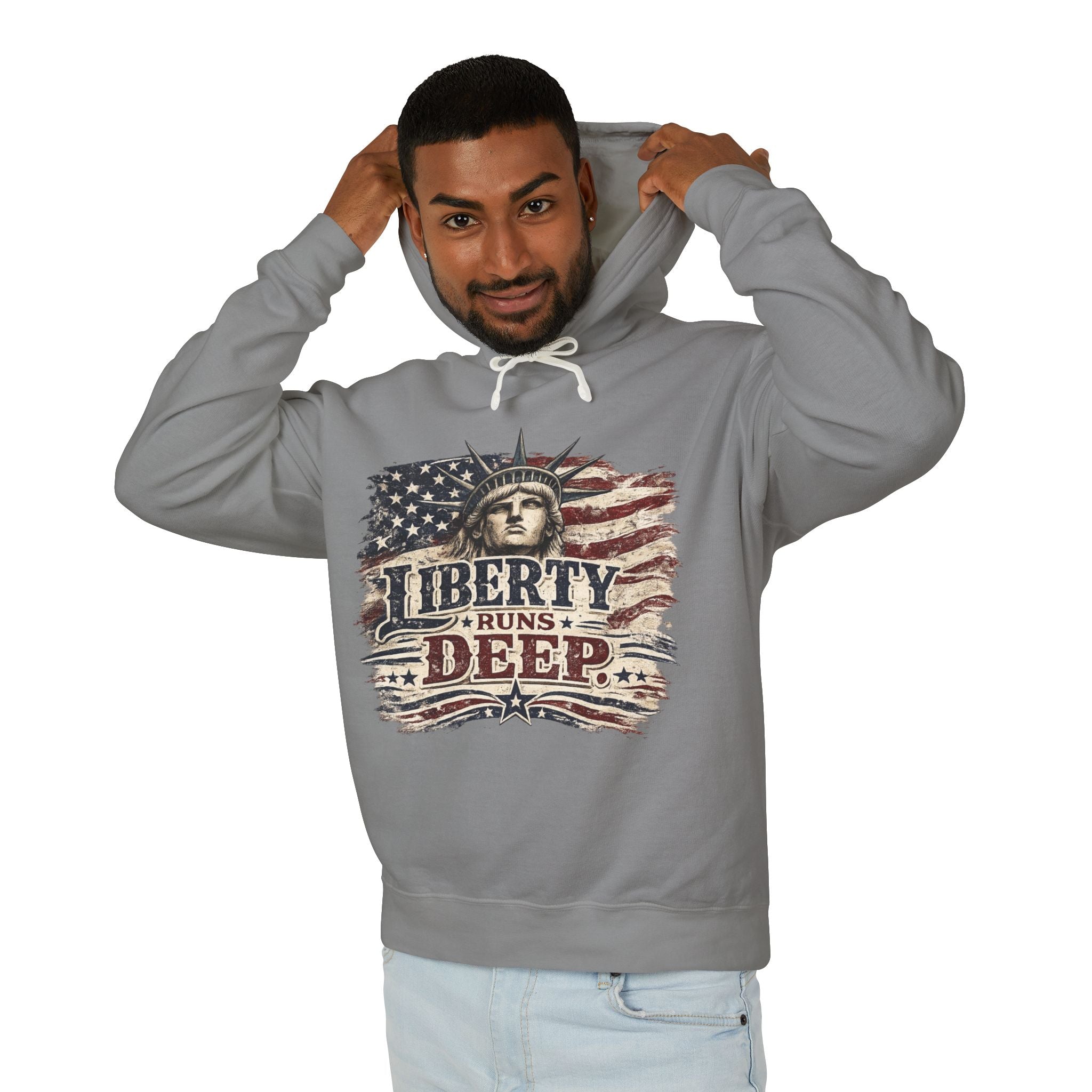 Liberty Runs Deep Hoodie — Patriotic Statue of Liberty Flag Sweatshirt
