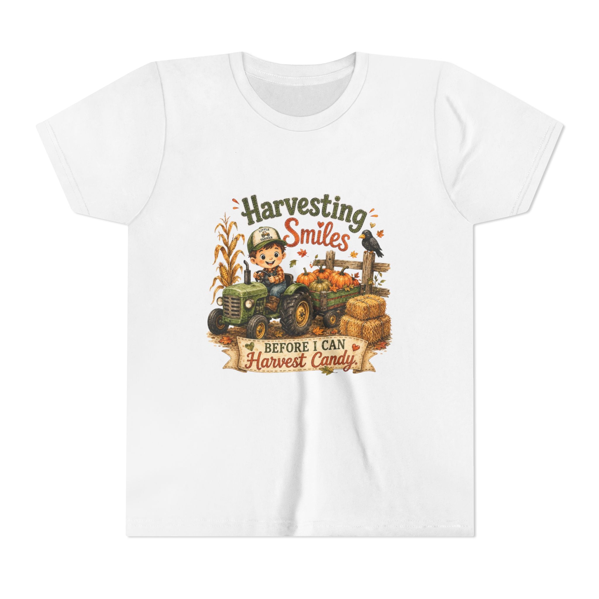 "Harvesting Smiles Before I Can Harvest Candy" Fall Tractor Halloween Kids Shirt — Youth Tee