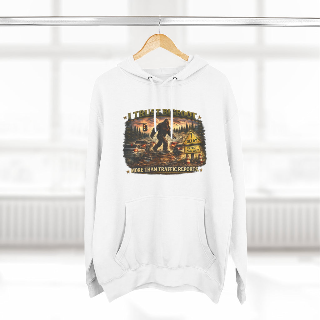 Bigfoot Forest Hoodie - "More Than Traffic Reports" Retro Sasquatch Graphic Hoodie